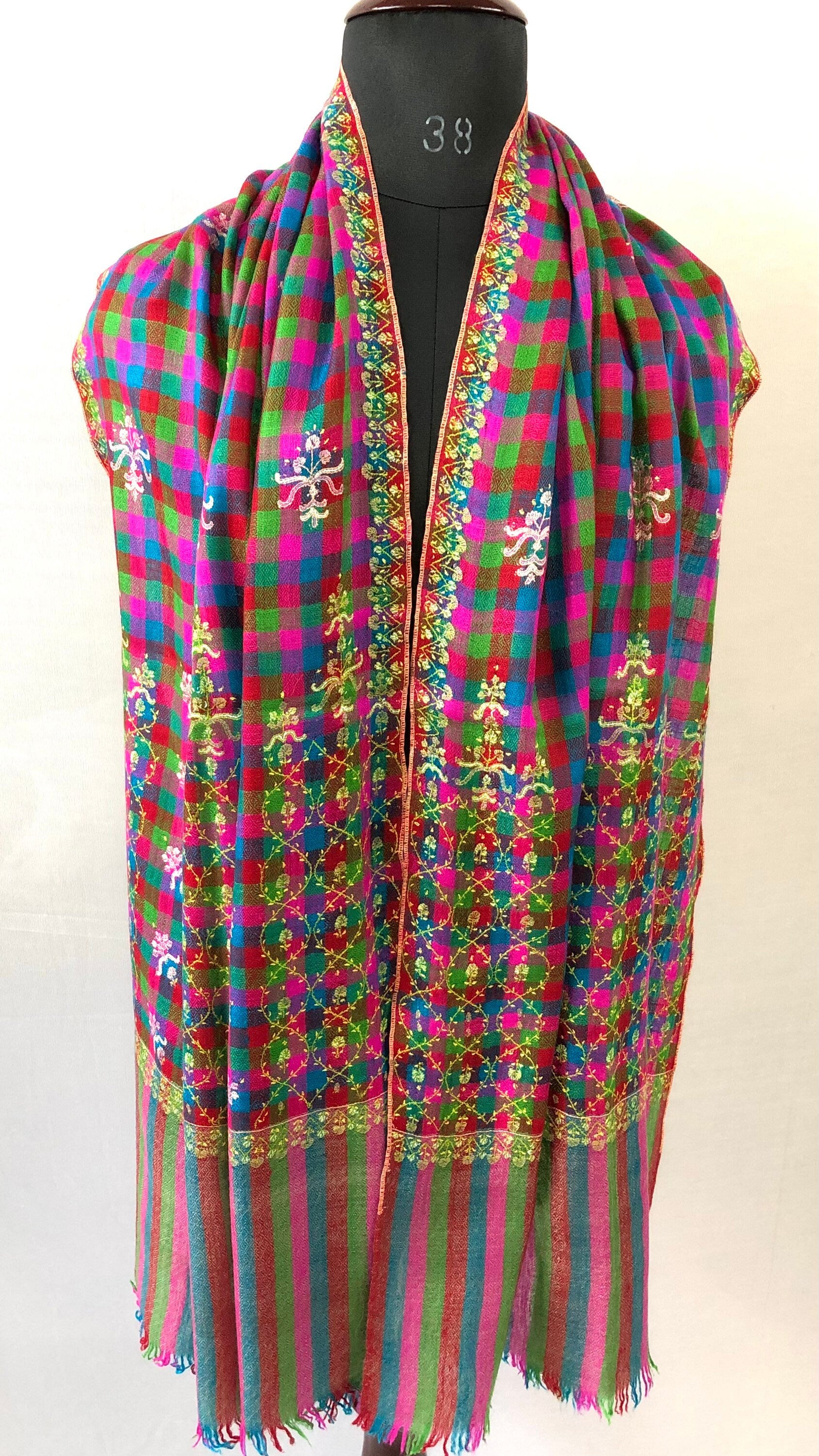 Handwoven colourful mini check modern design super micro fine hand embroidered real cashmere pashmina stole shawl - Mehraj Crafts 