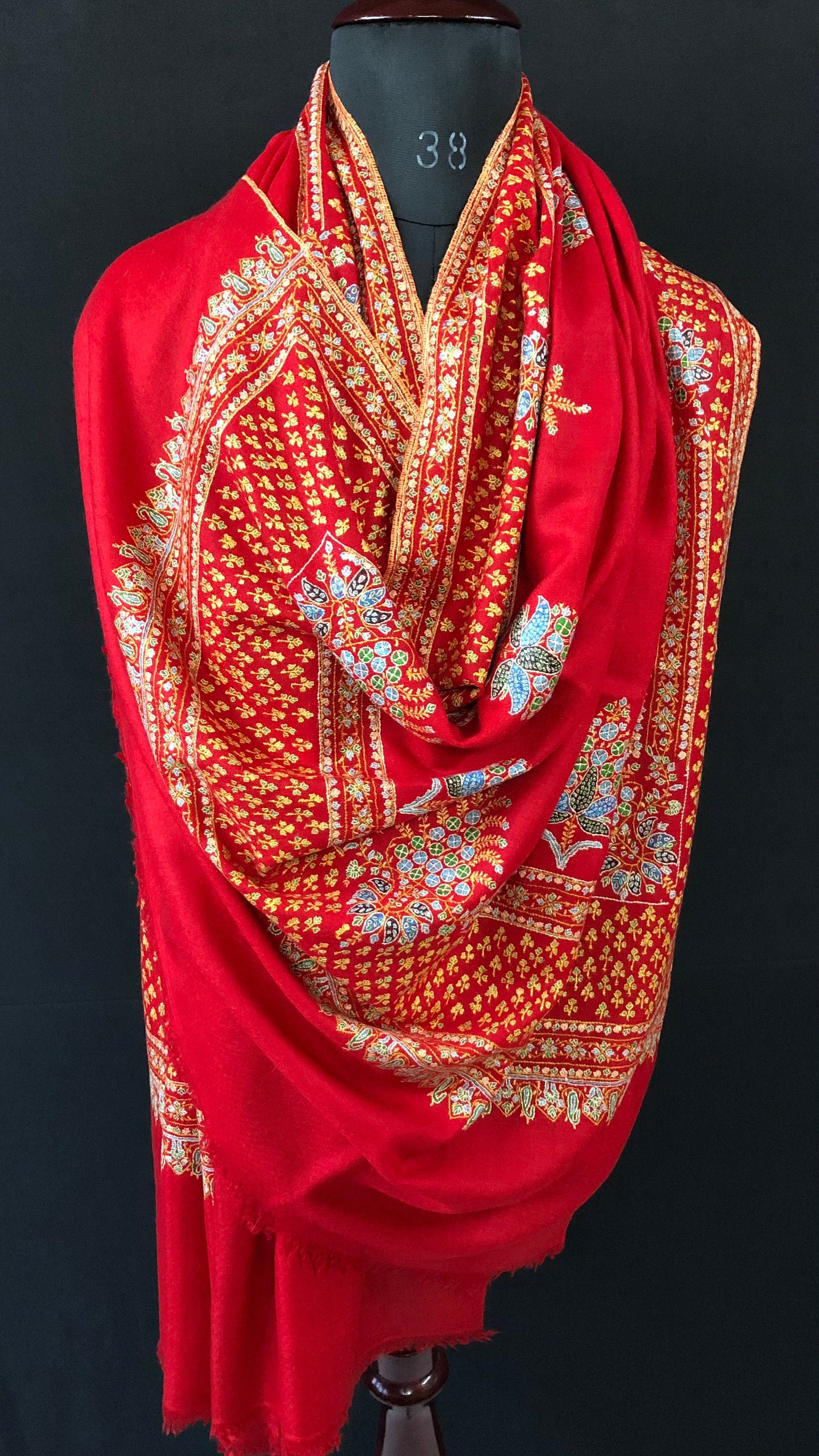father of bride gift from daughter True red super micro fine embroidered booti border handwoven real cashmere pashmina shawl - Mehraj Crafts 