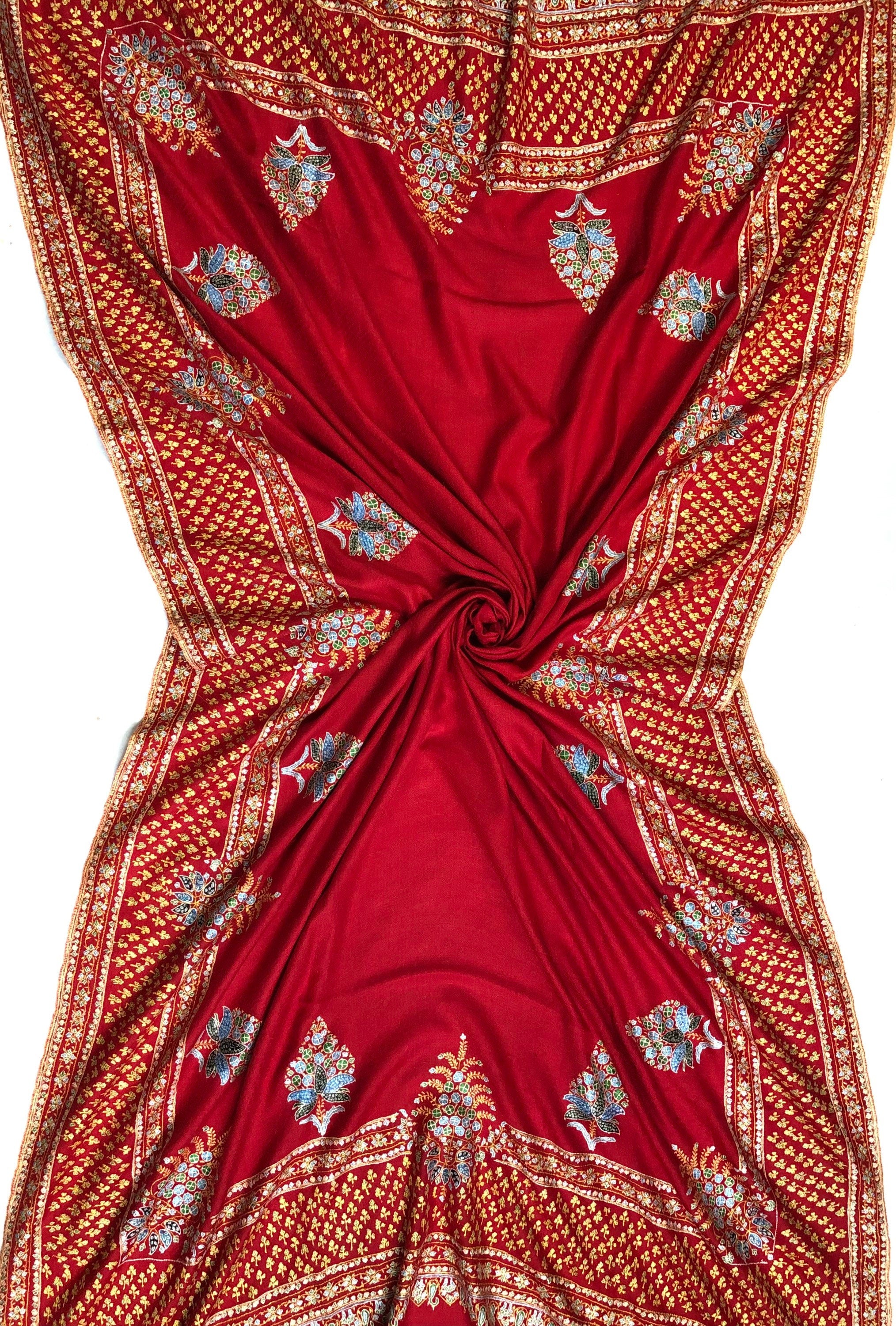 father of bride gift from daughter True red super micro fine embroidered booti border handwoven real cashmere pashmina shawl - Mehraj Crafts 