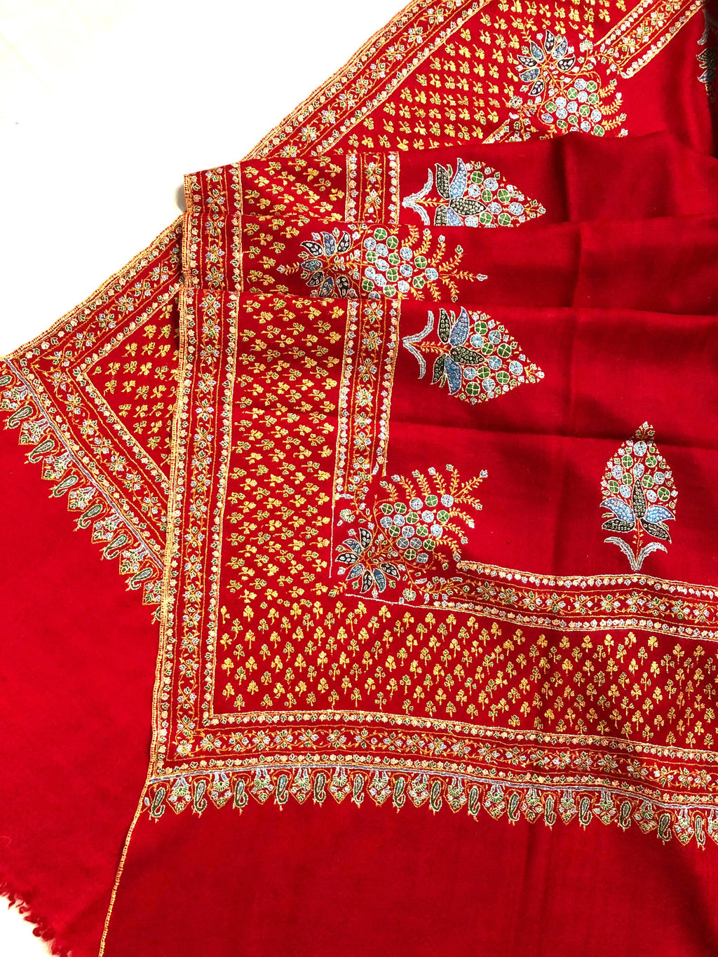 father of bride gift from daughter True red super micro fine embroidered booti border handwoven real cashmere pashmina shawl - Mehraj Crafts 