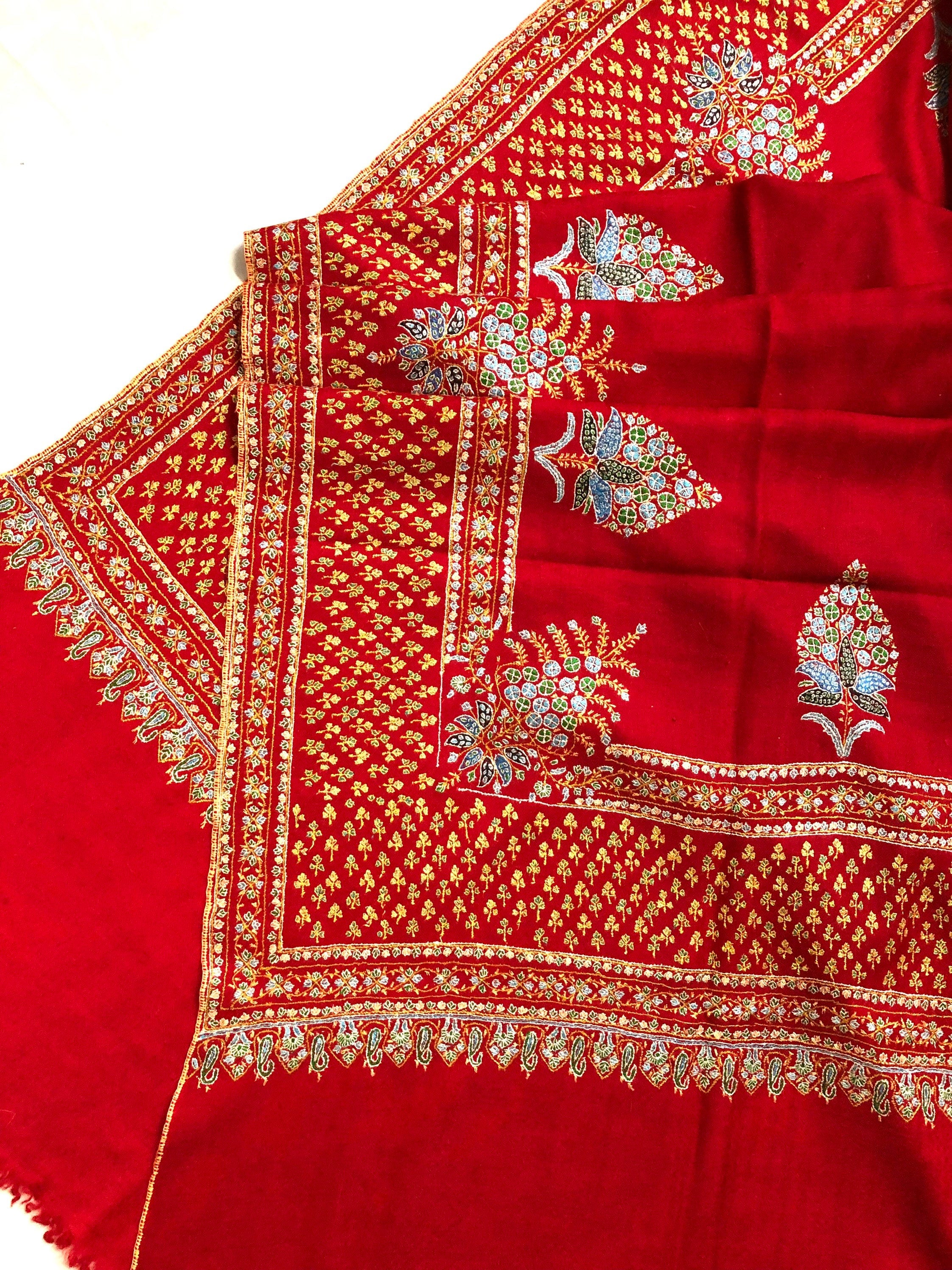 father of bride gift from daughter True red super micro fine embroidered booti border handwoven real cashmere pashmina shawl - Mehraj Crafts 