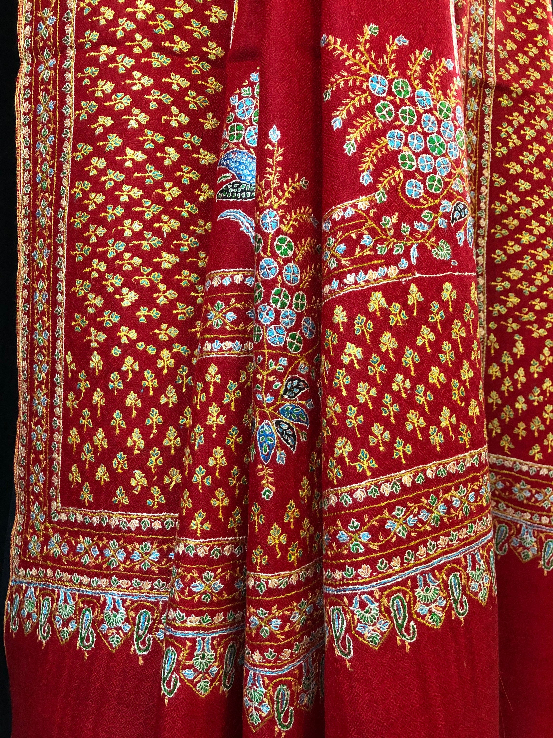 father of bride gift from daughter True red super micro fine embroidered booti border handwoven real cashmere pashmina shawl - Mehraj Crafts 