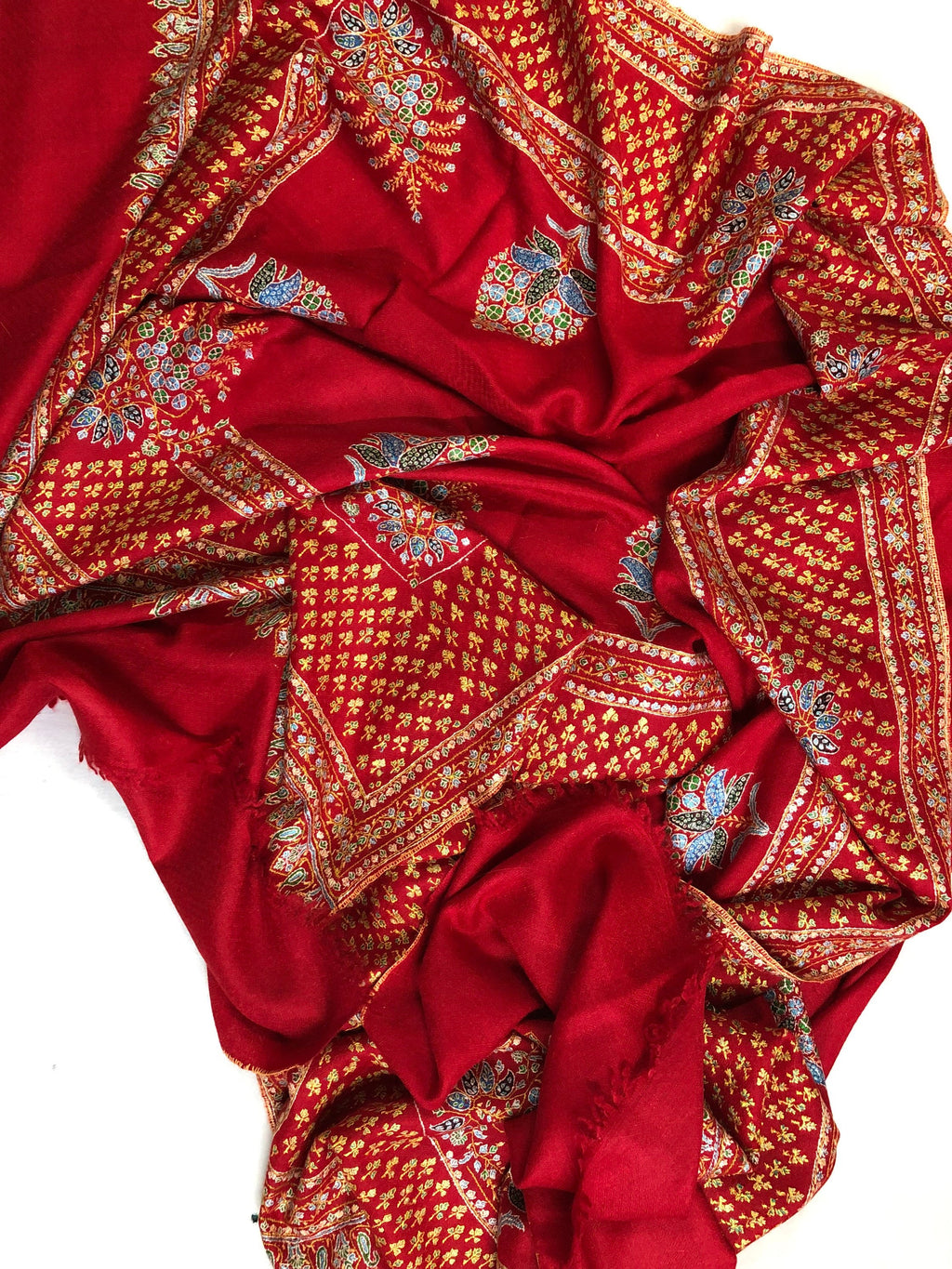 father of bride gift from daughter True red super micro fine embroidered booti border handwoven real cashmere pashmina shawl - Mehraj Crafts 