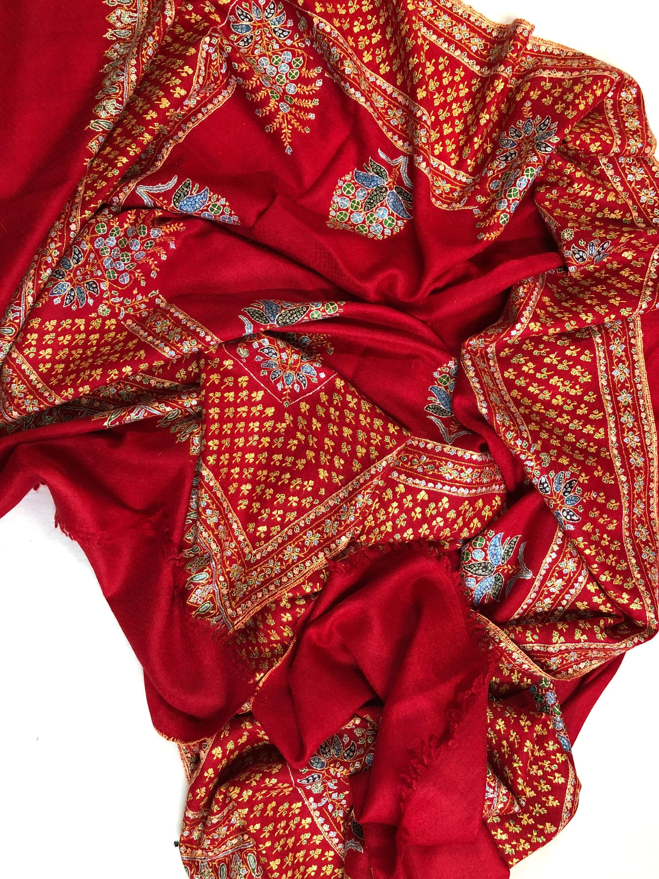 father of bride gift from daughter True red super micro fine embroidered booti border handwoven real cashmere pashmina shawl - Mehraj Crafts 