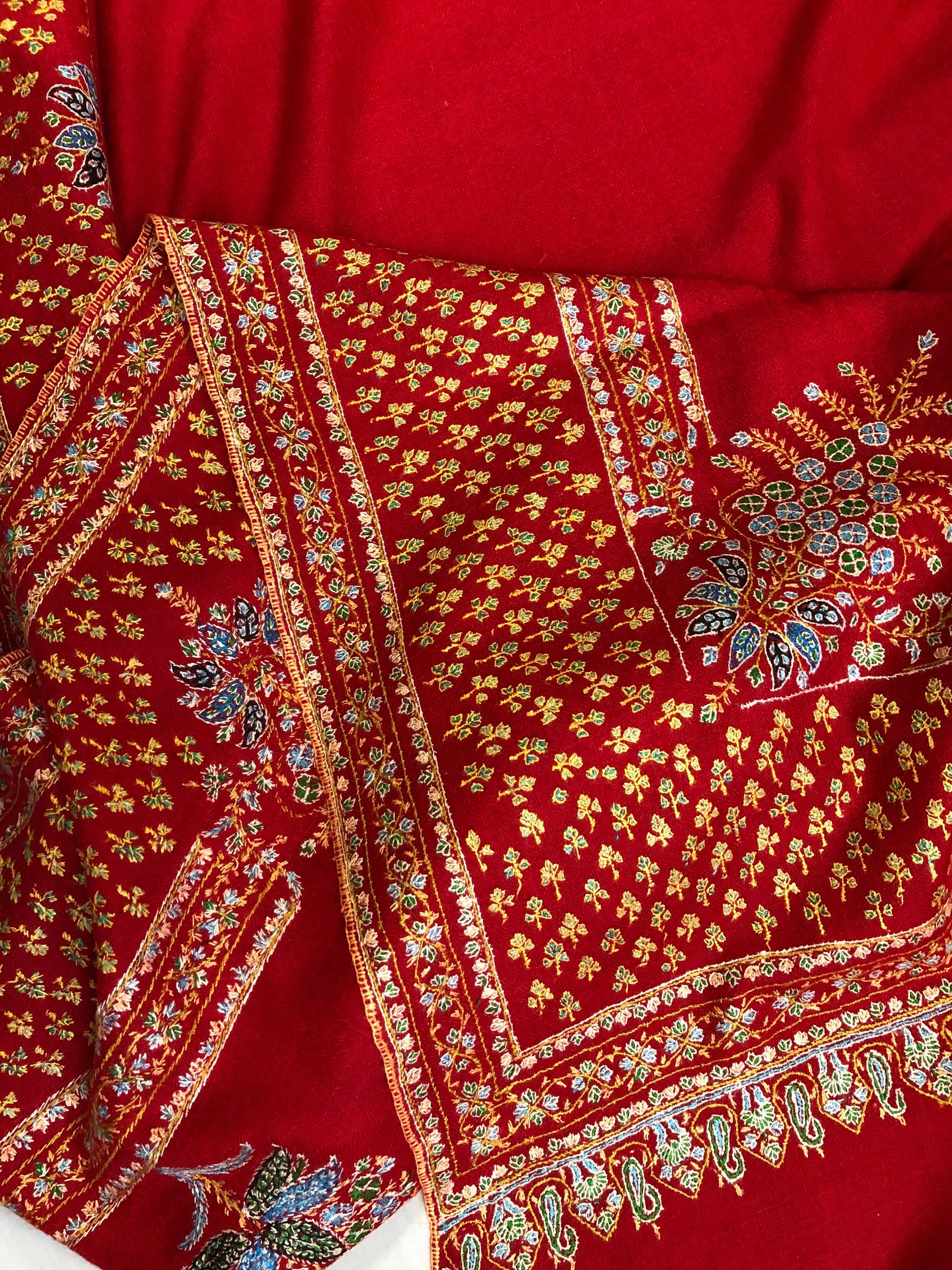 father of bride gift from daughter True red super micro fine embroidered booti border handwoven real cashmere pashmina shawl - Mehraj Crafts 