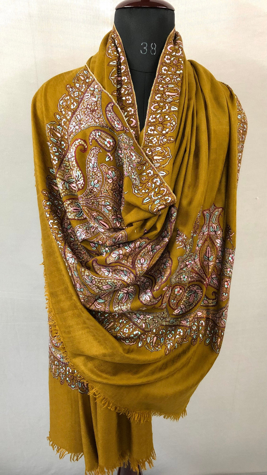 Handmade Dried tobacco mehrab paisley Kani Kar embroidery Palla handcrafted real cashmere pashmina shawl - Mehraj Crafts 