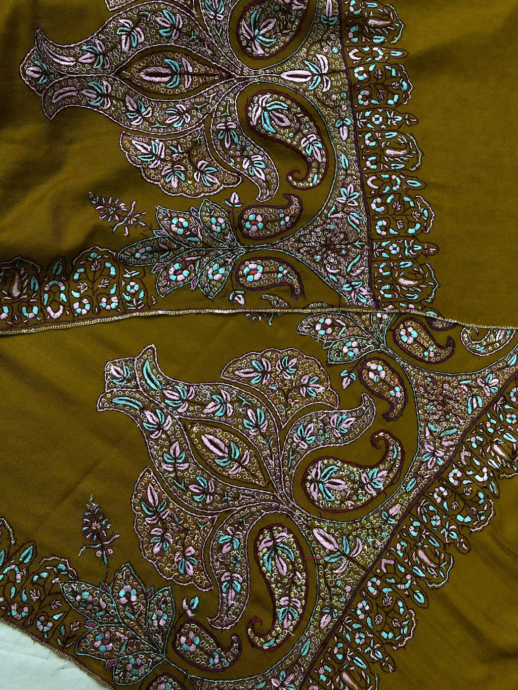 Handmade Dried tobacco mehrab paisley Kani Kar embroidery Palla handcrafted real cashmere pashmina shawl - Mehraj Crafts 