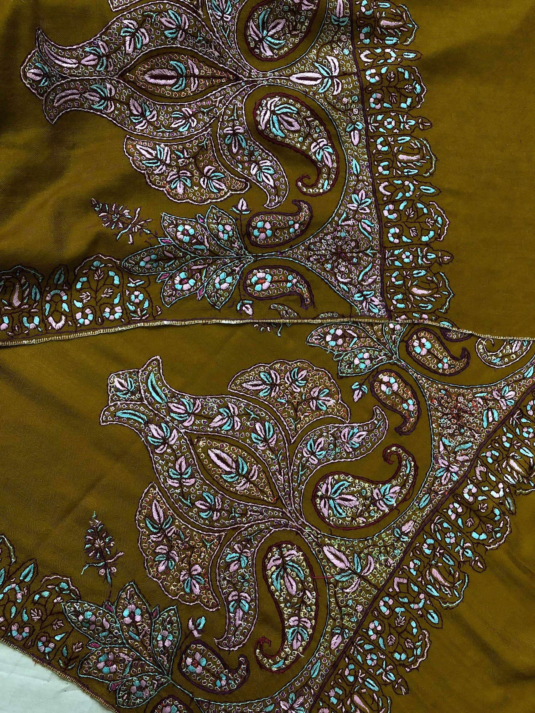 Handmade Dried tobacco mehrab paisley Kani Kar embroidery Palla handcrafted real cashmere pashmina shawl - Mehraj Crafts 