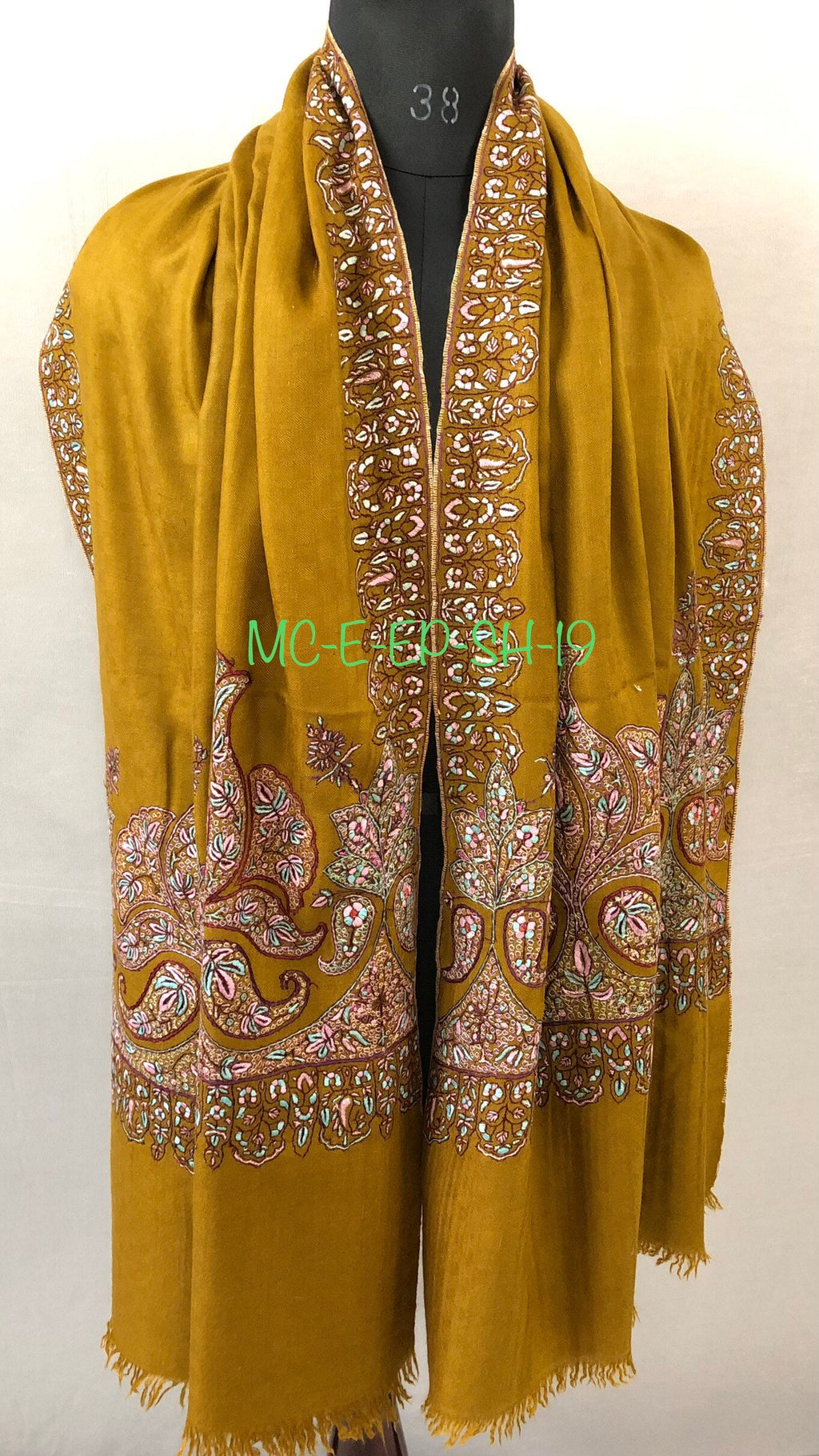 Handmade Dried tobacco mehrab paisley Kani Kar embroidery Palla handcrafted real cashmere pashmina shawl - Mehraj Crafts 