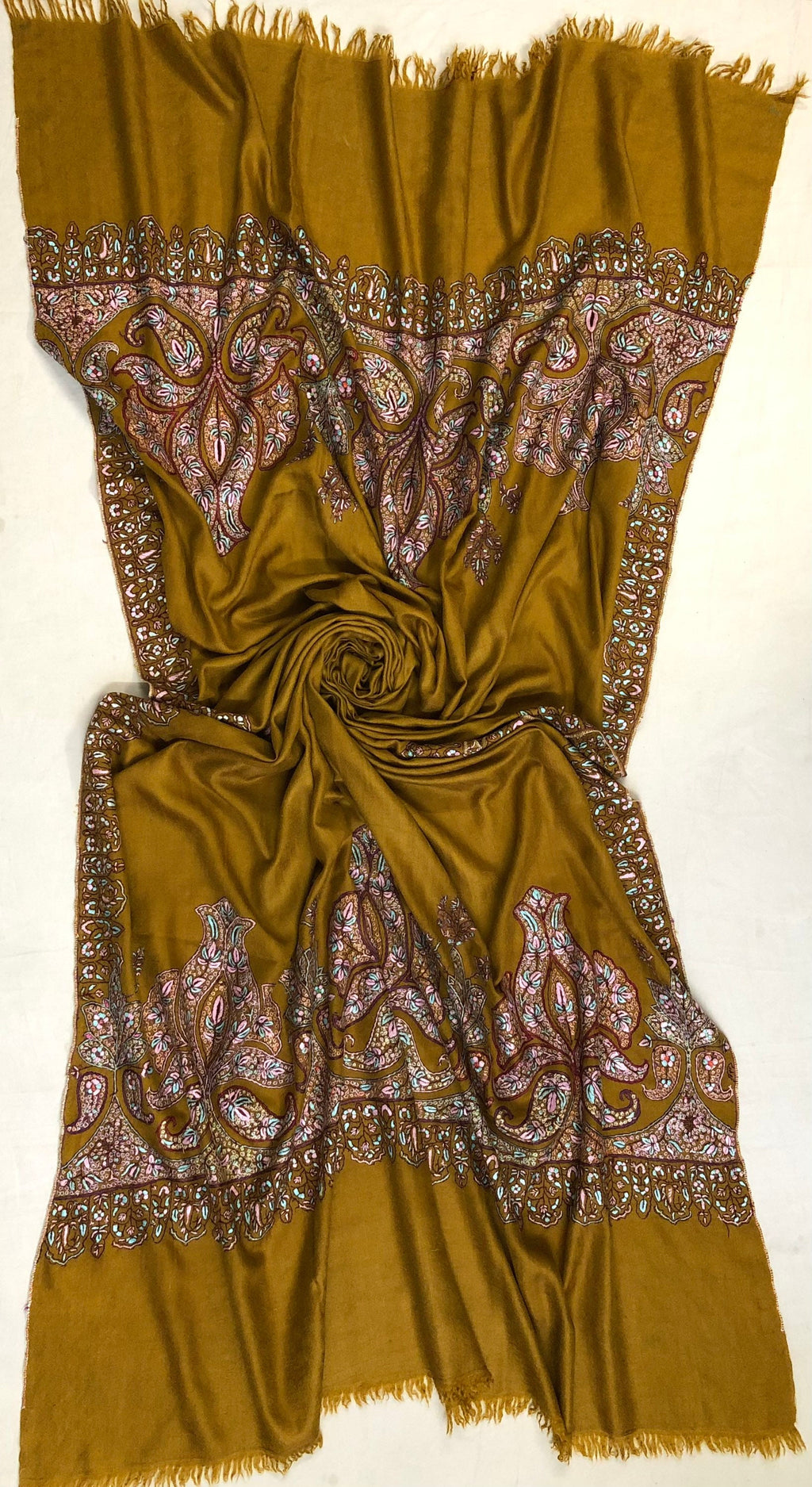 Handmade Dried tobacco mehrab paisley Kani Kar embroidery Palla handcrafted real cashmere pashmina shawl - Mehraj Crafts 