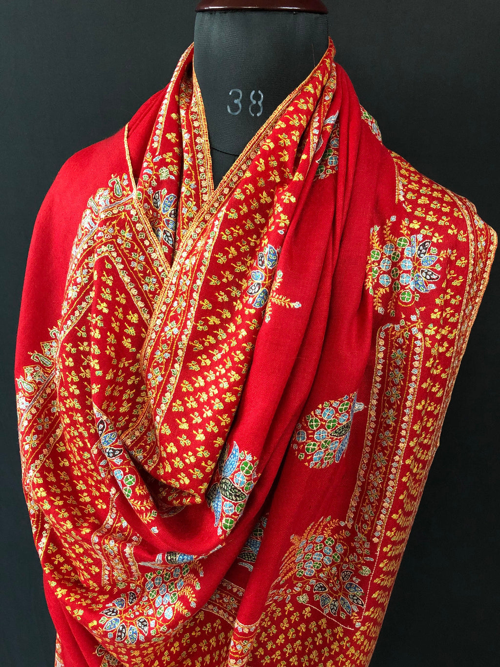 father of bride gift from daughter True red super micro fine embroidered booti border handwoven real cashmere pashmina shawl - Mehraj Crafts 