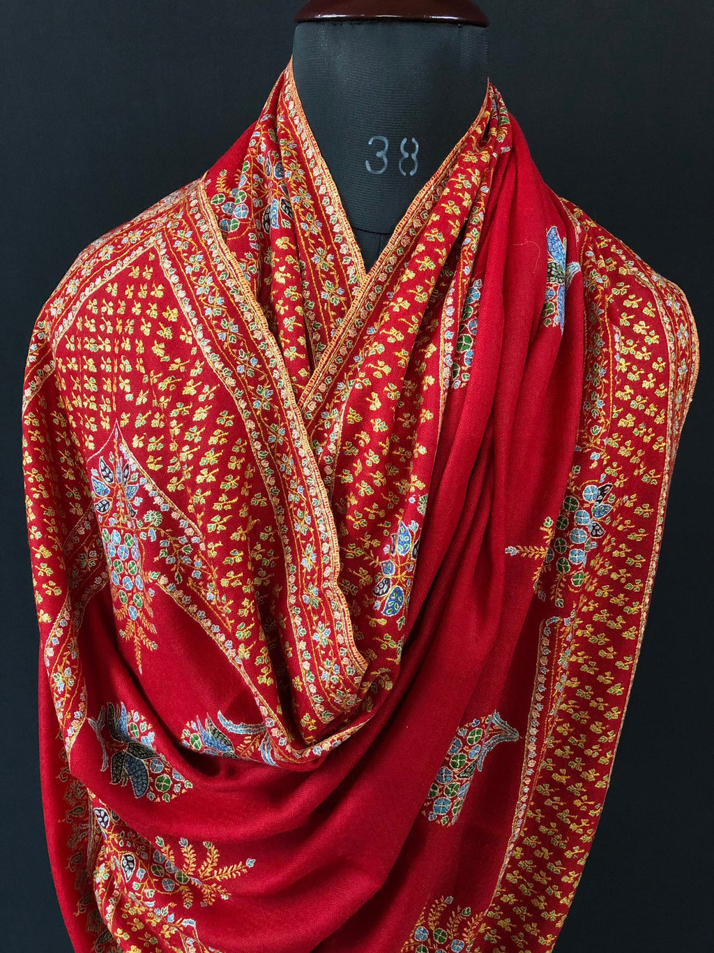 father of bride gift from daughter True red super micro fine embroidered booti border handwoven real cashmere pashmina shawl - Mehraj Crafts 