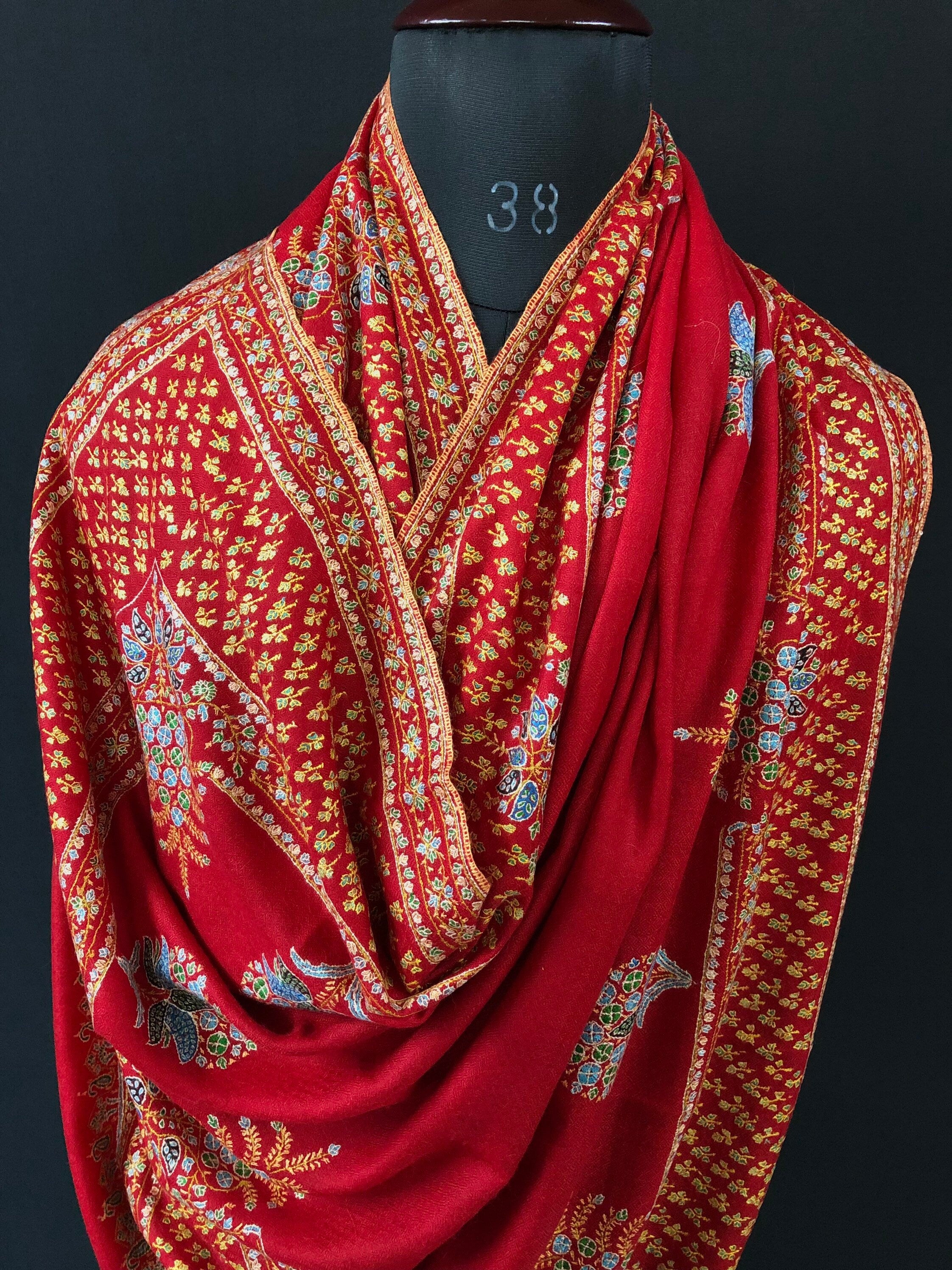 father of bride gift from daughter True red super micro fine embroidered booti border handwoven real cashmere pashmina shawl - Mehraj Crafts 