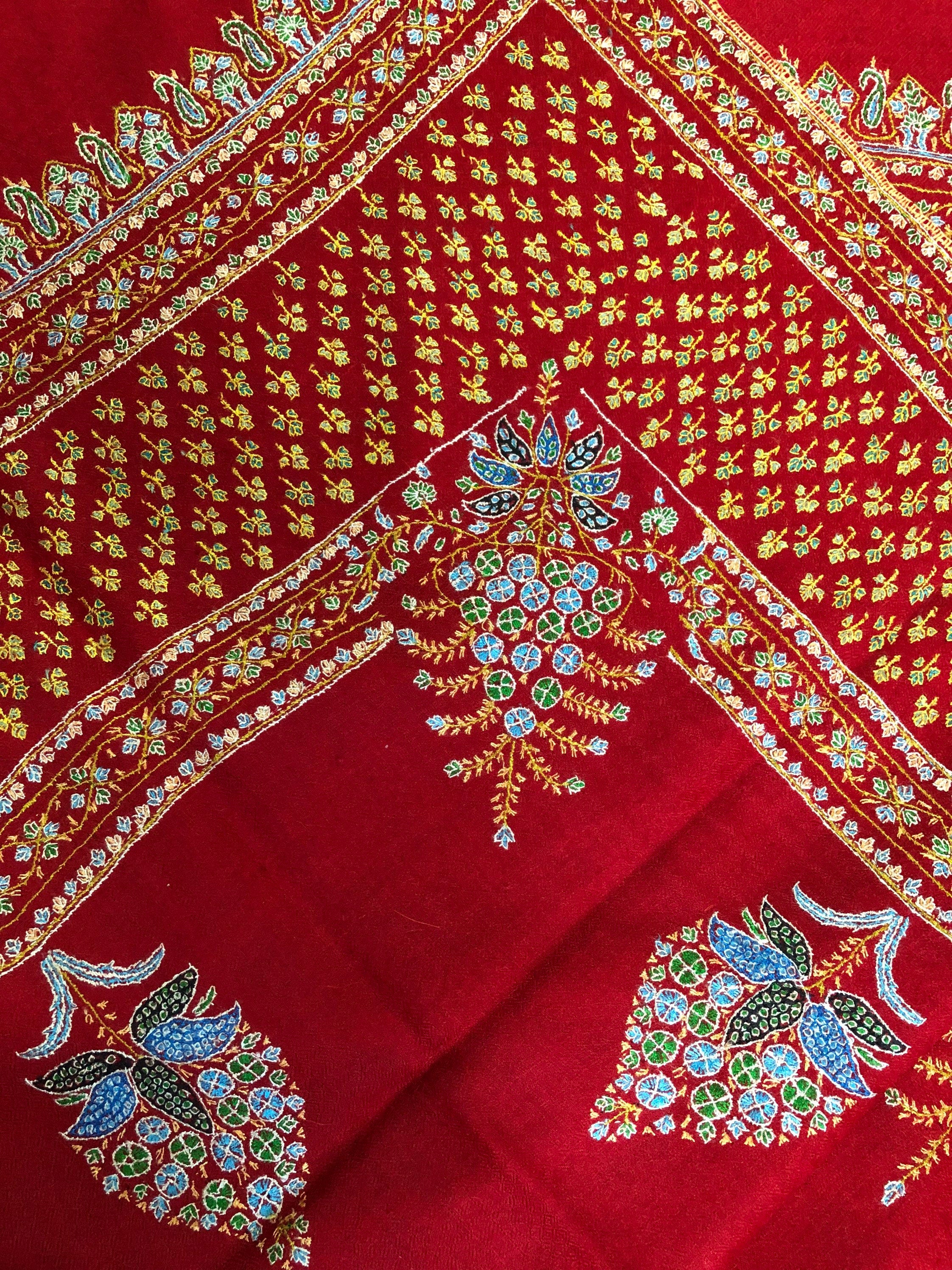 father of bride gift from daughter True red super micro fine embroidered booti border handwoven real cashmere pashmina shawl - Mehraj Crafts 