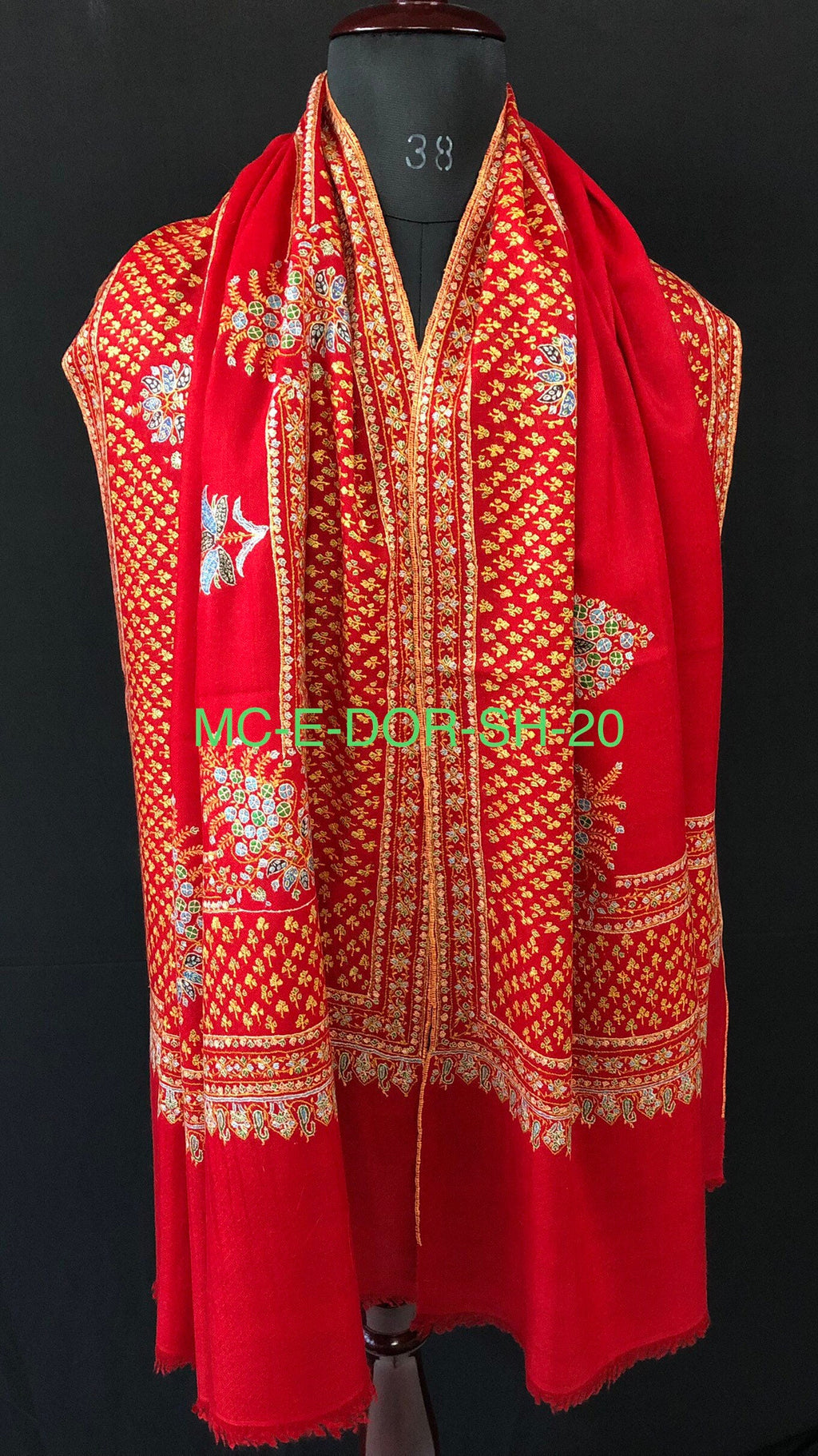 father of bride gift from daughter True red super micro fine embroidered booti border handwoven real cashmere pashmina shawl - Mehraj Crafts 