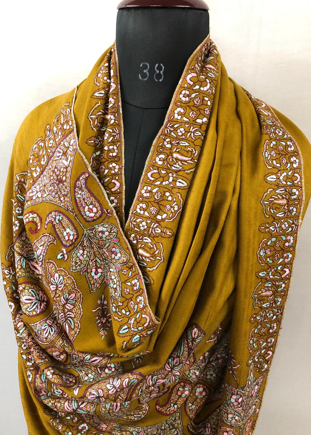 Handmade Dried tobacco mehrab paisley Kani Kar embroidery Palla handcrafted real cashmere pashmina shawl - Mehraj Crafts 