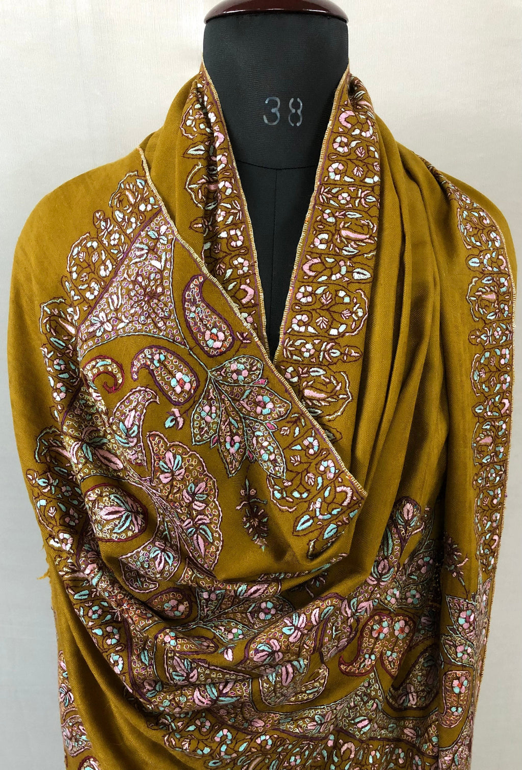 Handmade Dried tobacco mehrab paisley Kani Kar embroidery Palla handcrafted real cashmere pashmina shawl - Mehraj Crafts 