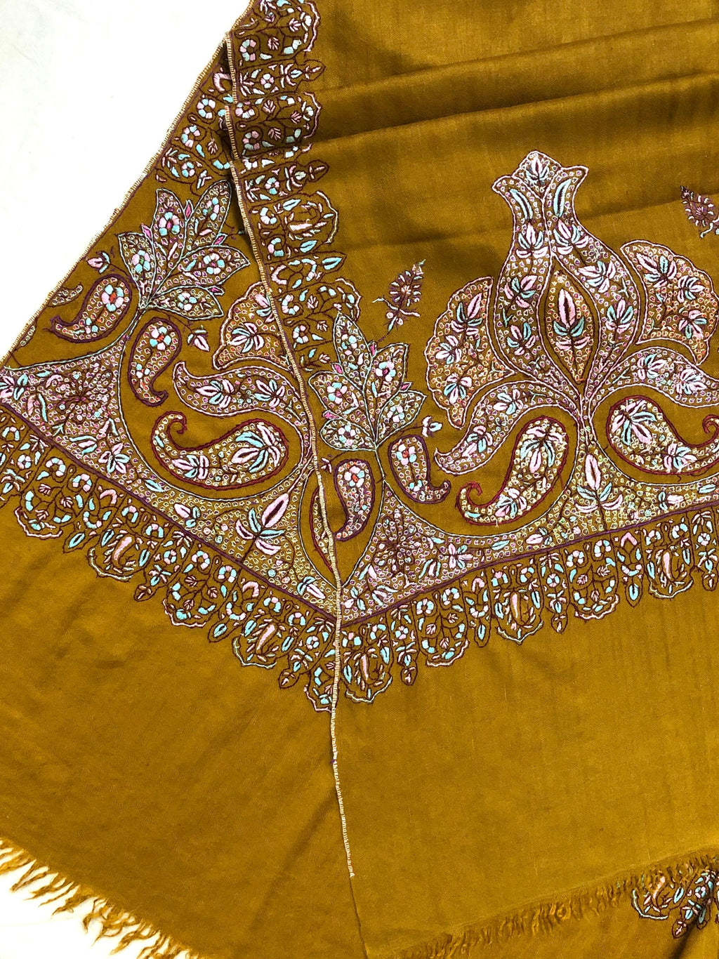 Handmade Dried tobacco mehrab paisley Kani Kar embroidery Palla handcrafted real cashmere pashmina shawl - Mehraj Crafts 