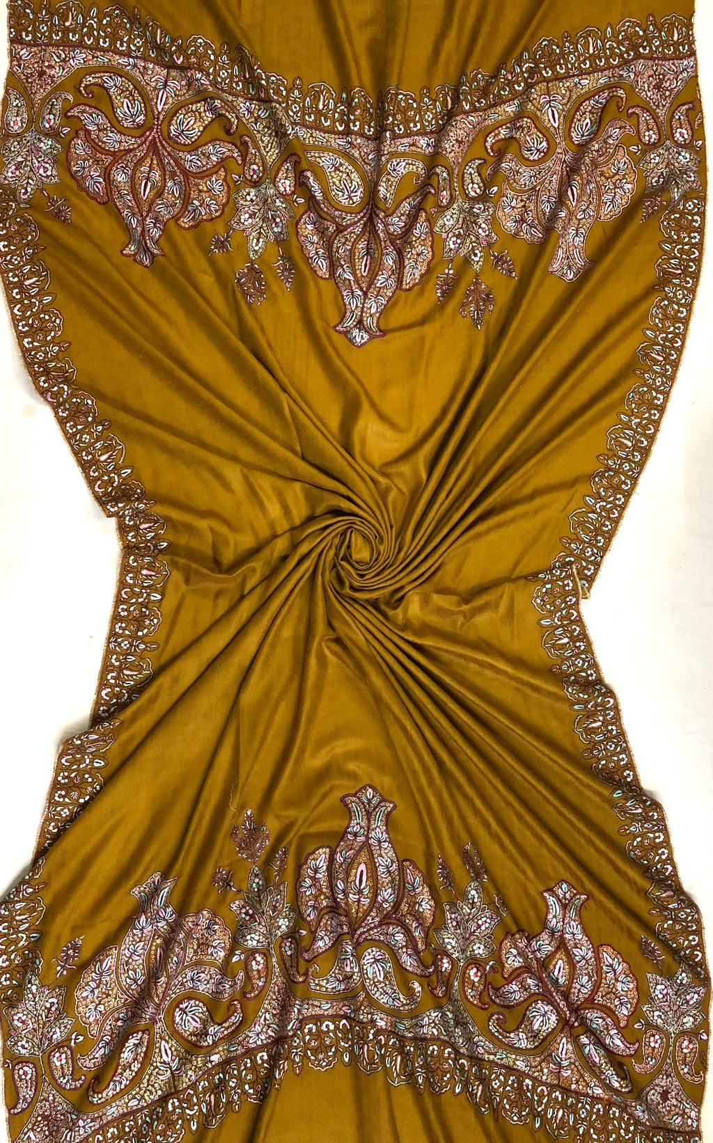 Handmade Dried tobacco mehrab paisley Kani Kar embroidery Palla handcrafted real cashmere pashmina shawl - Mehraj Crafts 