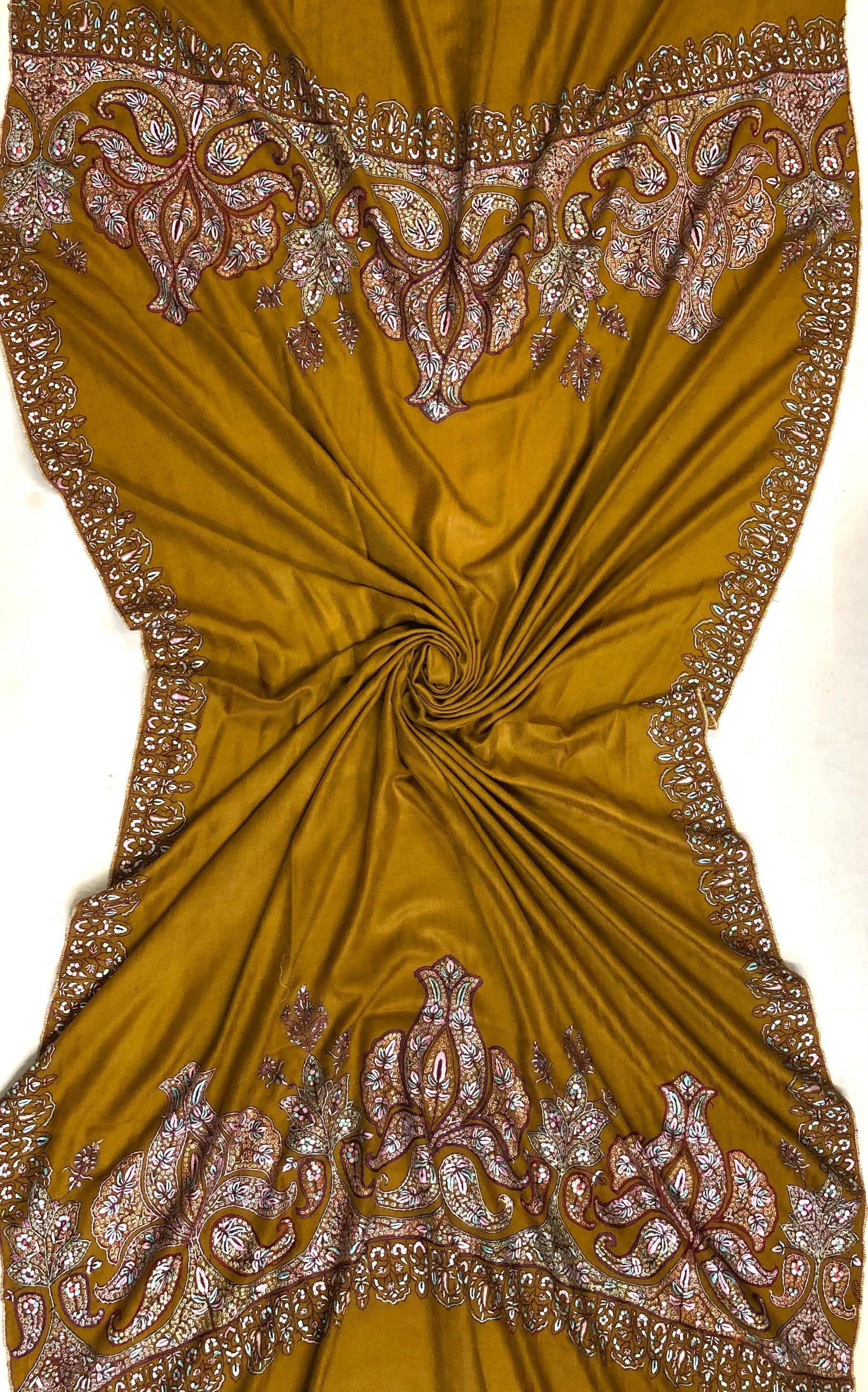 Handmade Dried tobacco mehrab paisley Kani Kar embroidery Palla handcrafted real cashmere pashmina shawl - Mehraj Crafts 