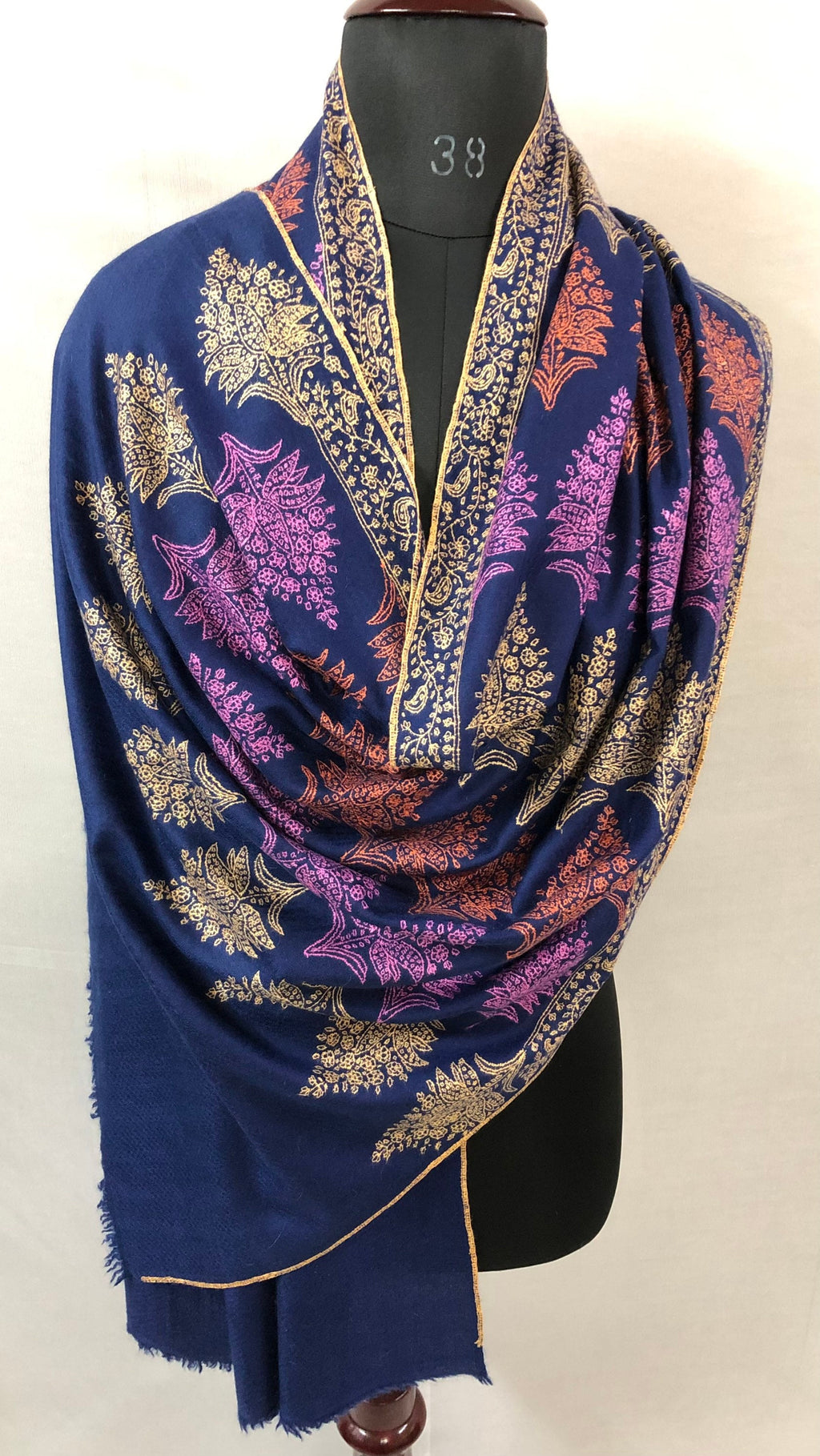 Pashmina christmas dayTimeless exclusive navy blue bootidar jamawar micro fine embroidery handcrafted real cashmere pashmina stole - Mehraj Crafts 