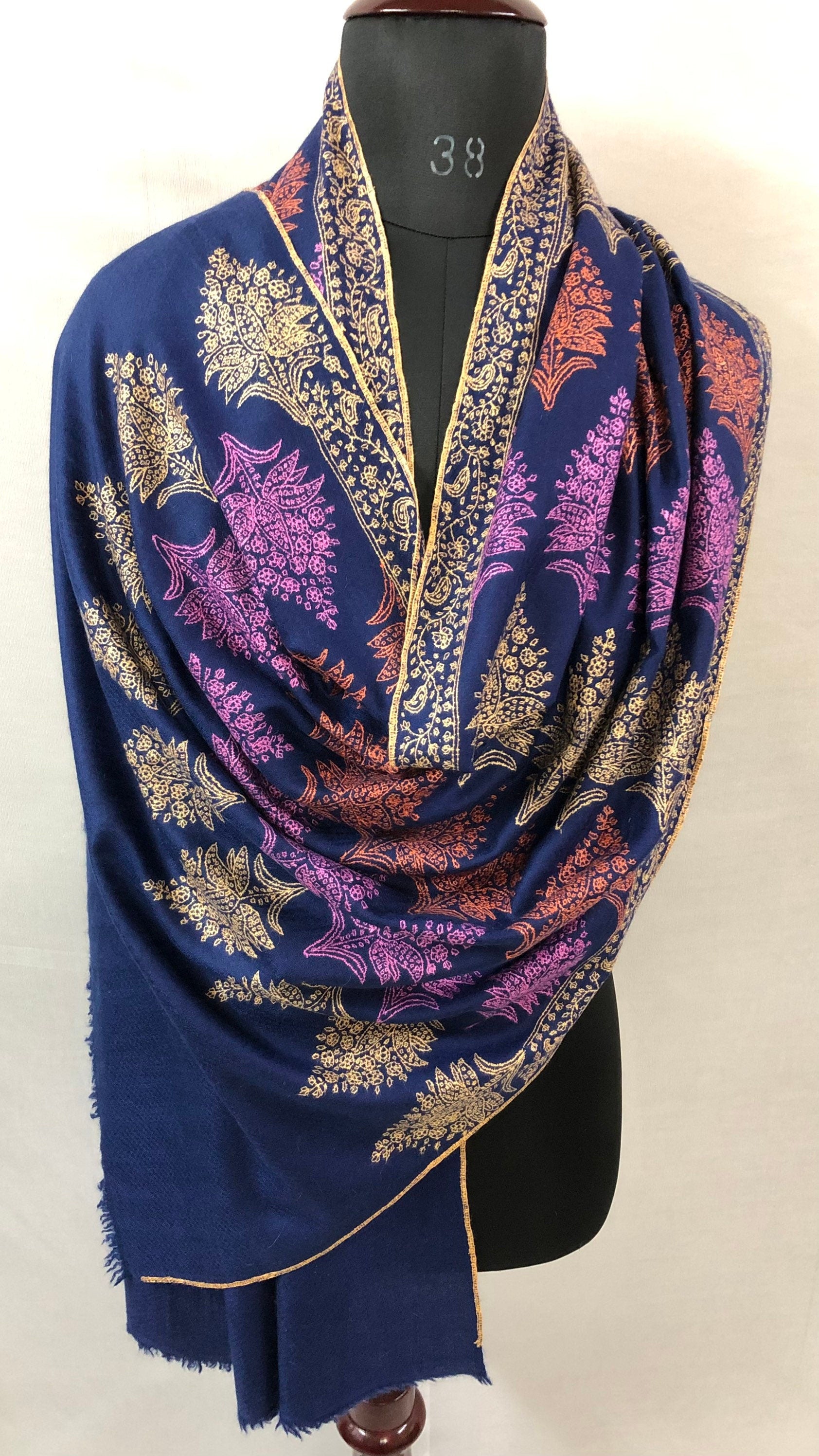 Pashmina christmas dayTimeless exclusive navy blue bootidar jamawar micro fine embroidery handcrafted real cashmere pashmina stole - Mehraj Crafts 