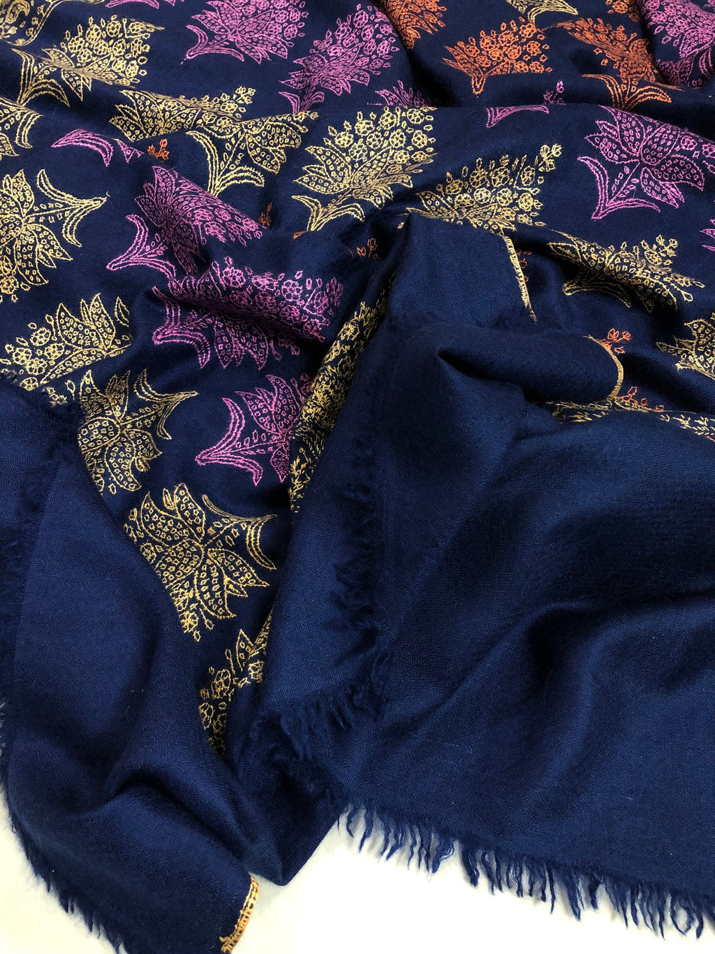 Pashmina christmas dayTimeless exclusive navy blue bootidar jamawar micro fine embroidery handcrafted real cashmere pashmina stole - Mehraj Crafts 