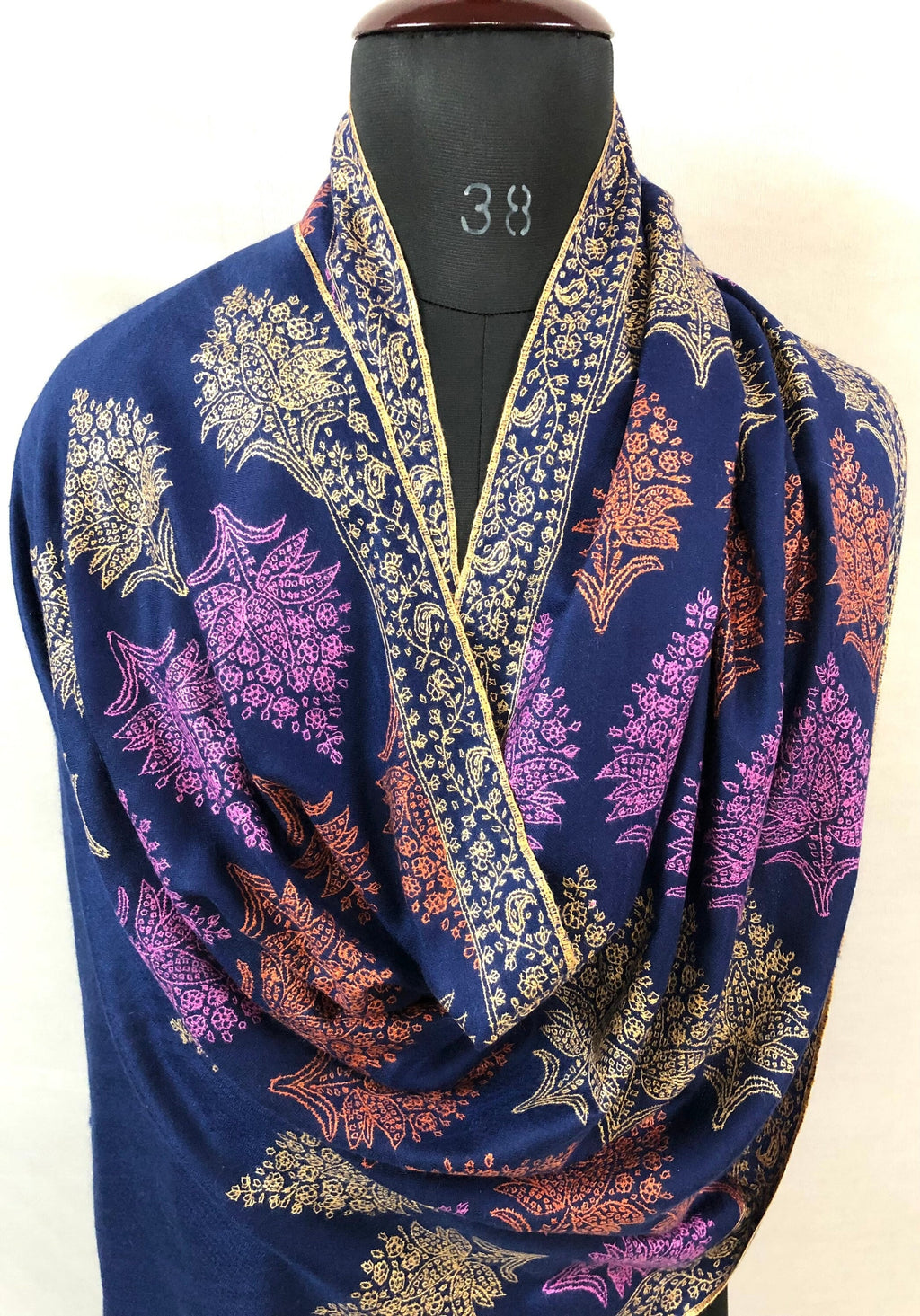 Pashmina christmas dayTimeless exclusive navy blue bootidar jamawar micro fine embroidery handcrafted real cashmere pashmina stole - Mehraj Crafts 