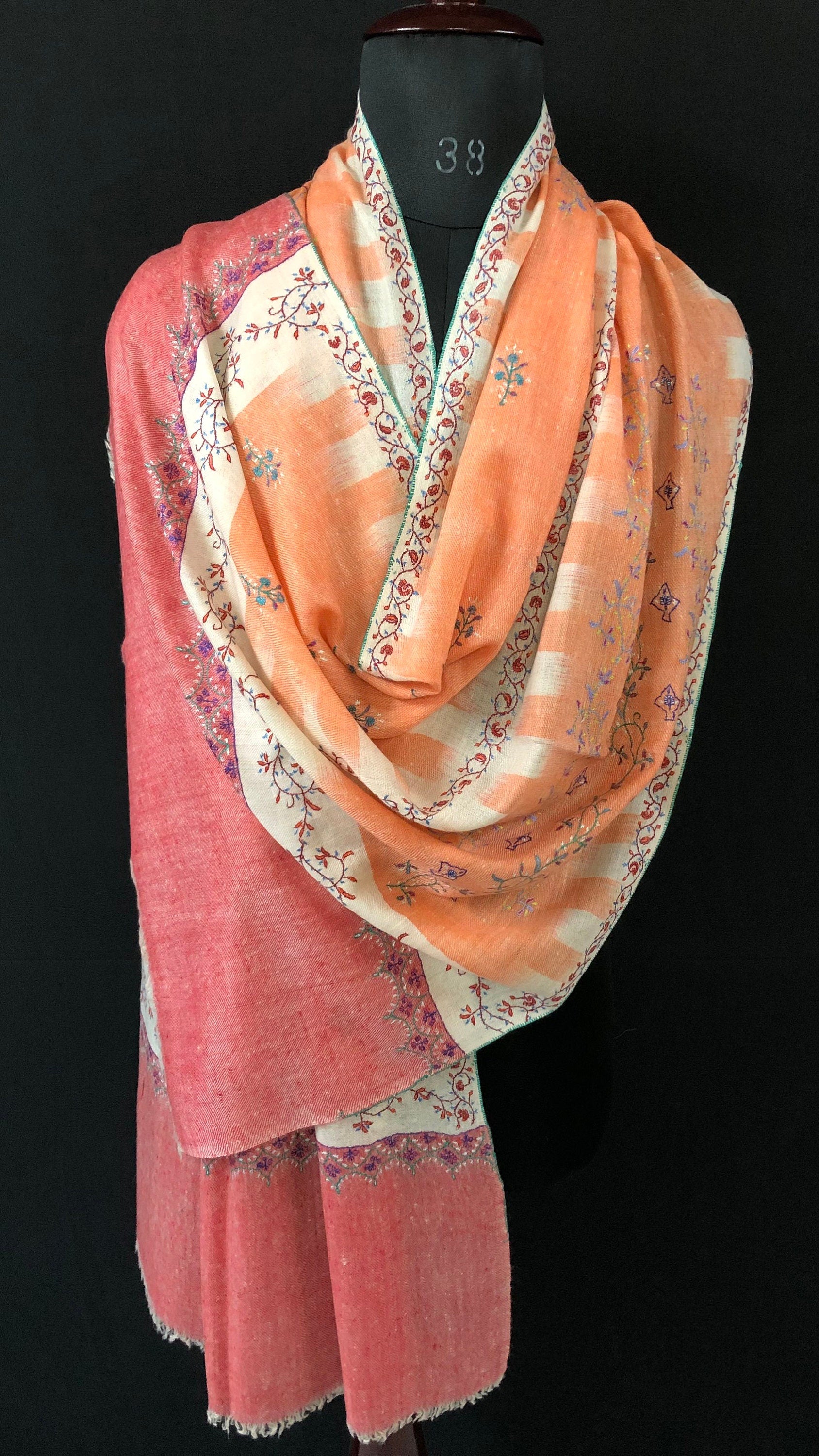 Handmade Real pashmina Papaya punch handwoven ikkat weave pattern real cashmere pashmina stole - Mehraj Crafts 