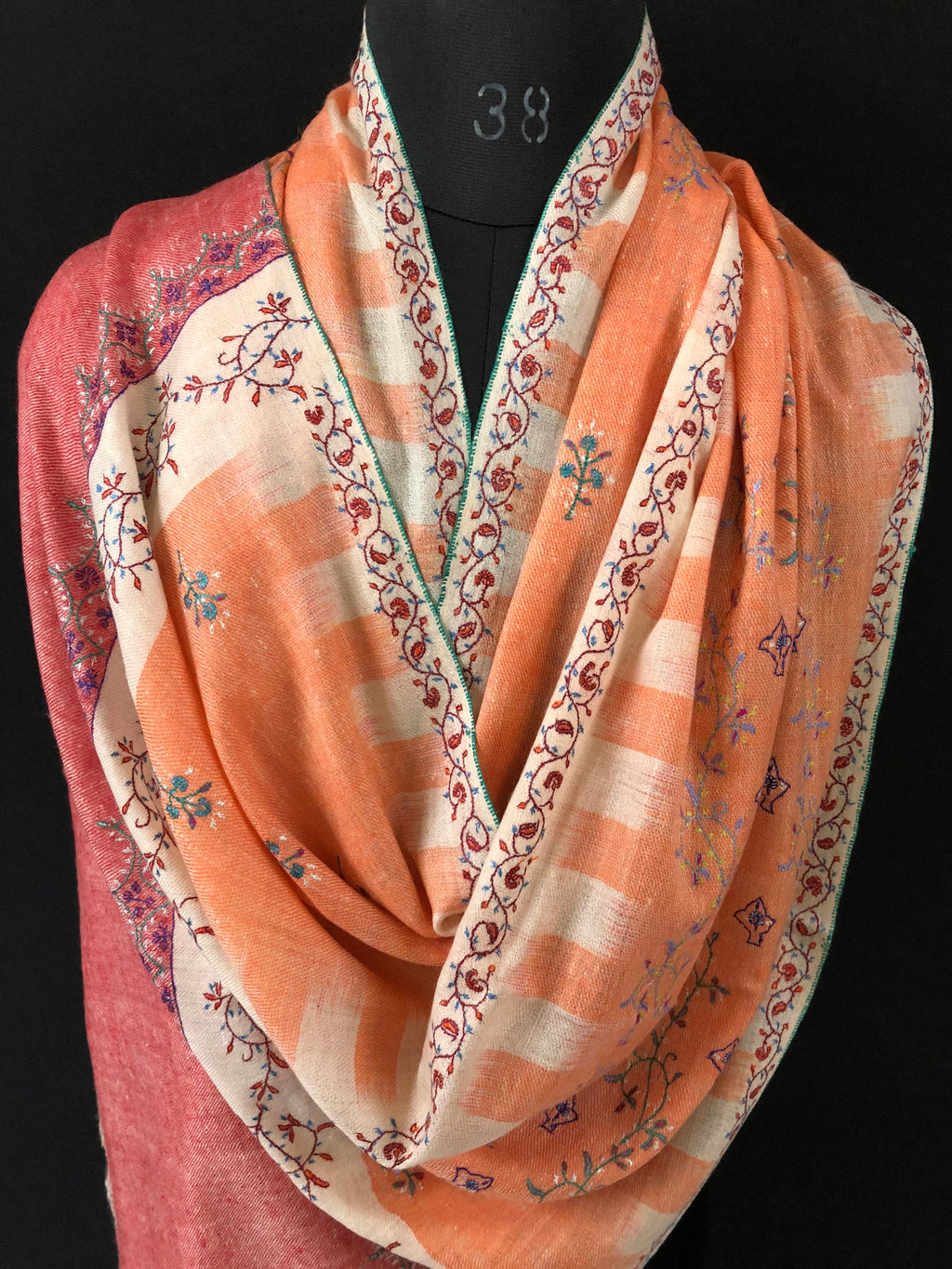 Handmade Real pashmina Papaya punch handwoven ikkat weave pattern real cashmere pashmina stole - Mehraj Crafts 