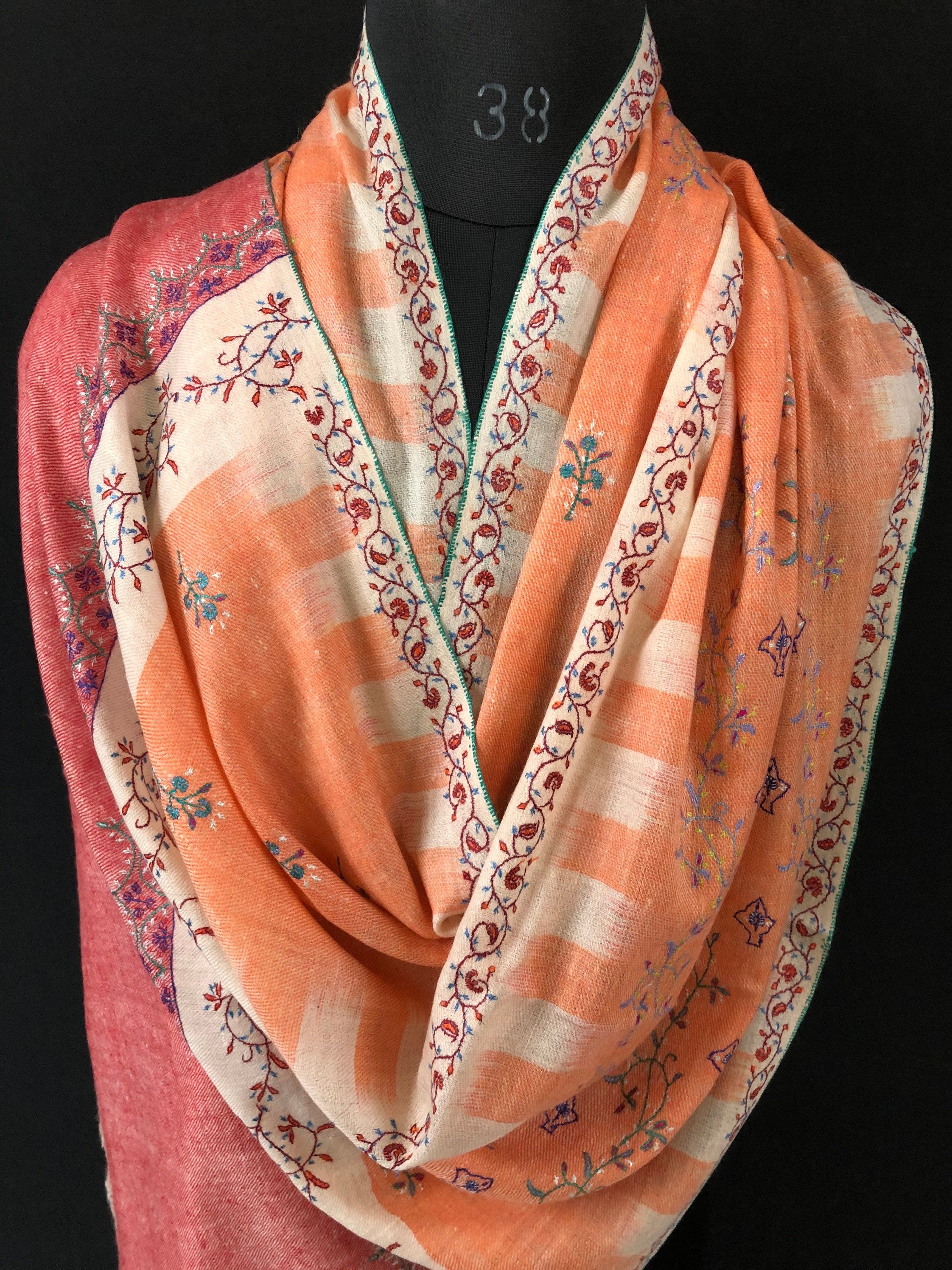 Handmade Real pashmina Papaya punch handwoven ikkat weave pattern real cashmere pashmina stole - Mehraj Crafts 