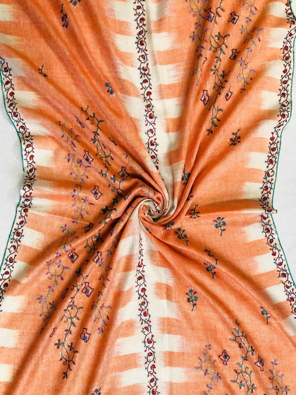 Handmade Real pashmina Papaya punch handwoven ikkat weave pattern real cashmere pashmina stole - Mehraj Crafts 