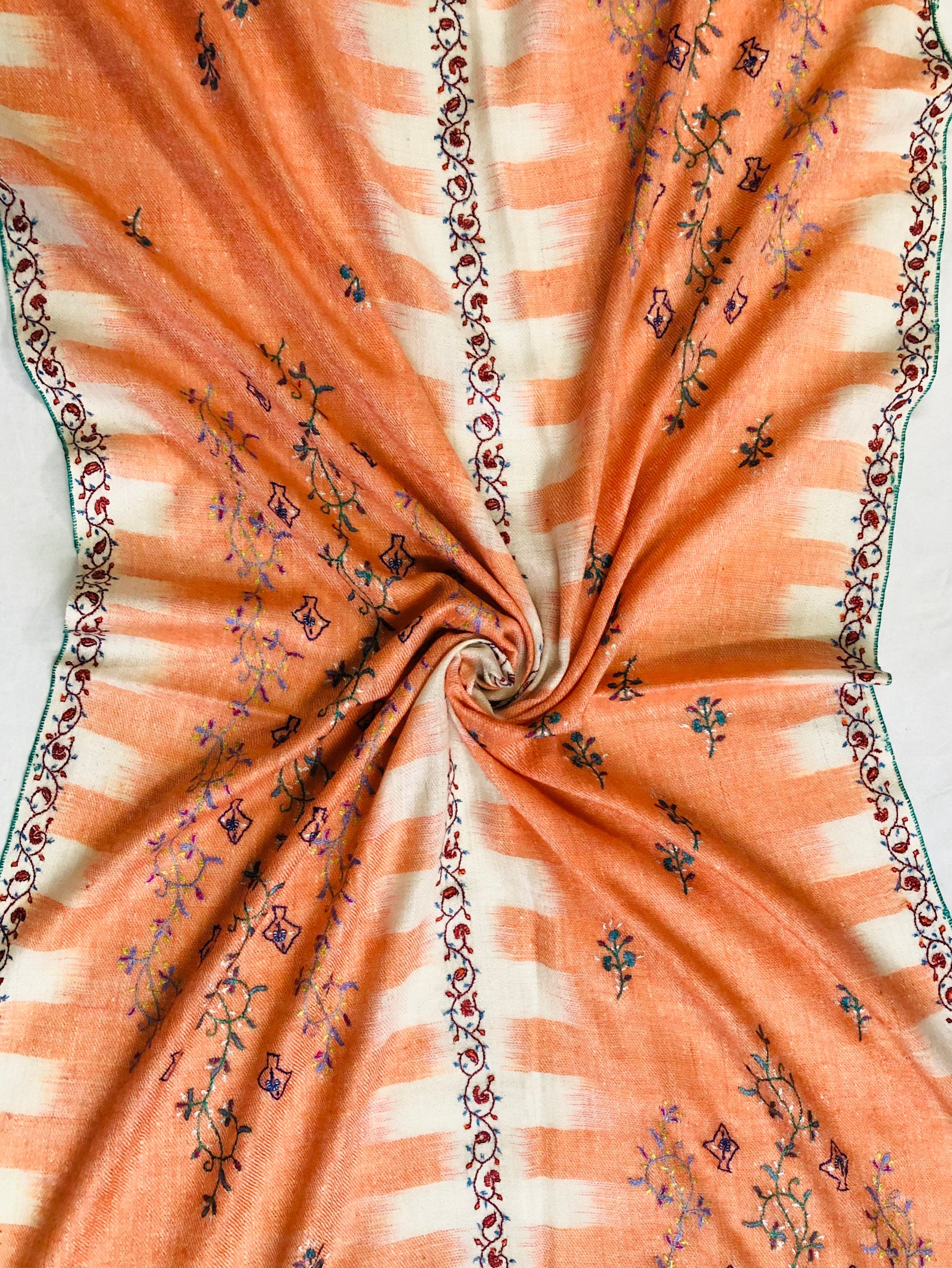Handmade Real pashmina Papaya punch handwoven ikkat weave pattern real cashmere pashmina stole - Mehraj Crafts 