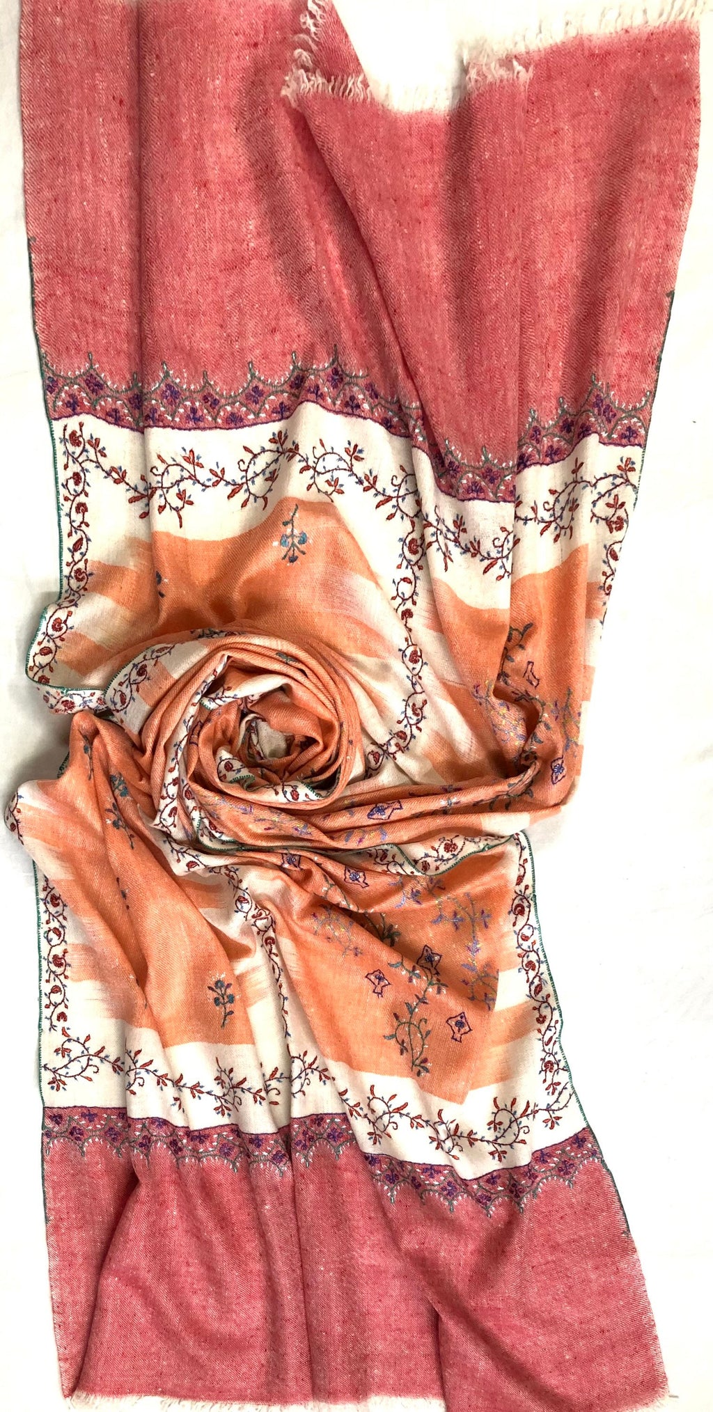 Handmade Real pashmina Papaya punch handwoven ikkat weave pattern real cashmere pashmina stole - Mehraj Crafts 