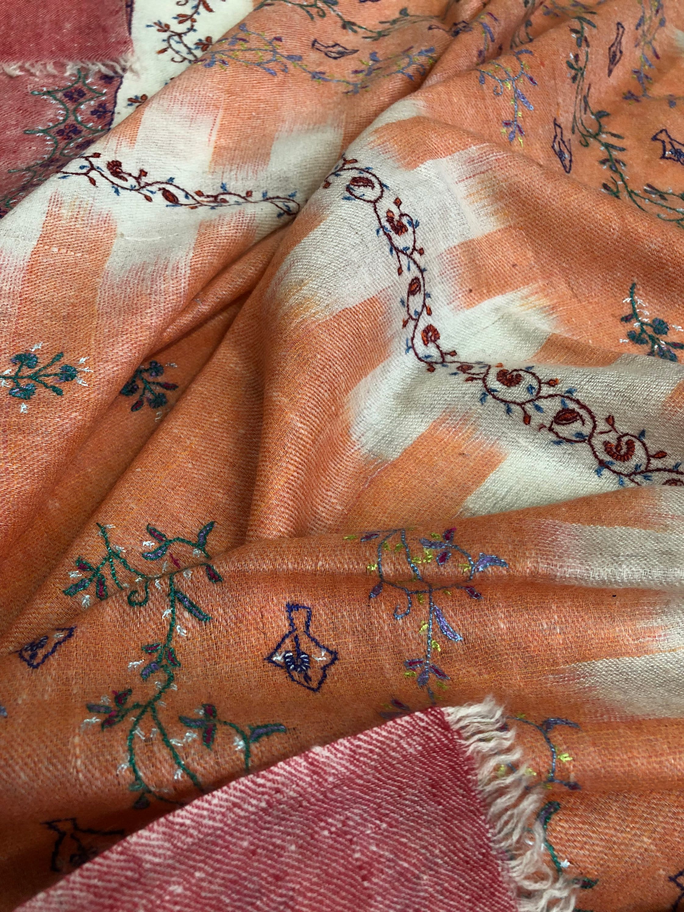 Handmade Real pashmina Papaya punch handwoven ikkat weave pattern real cashmere pashmina stole - Mehraj Crafts 
