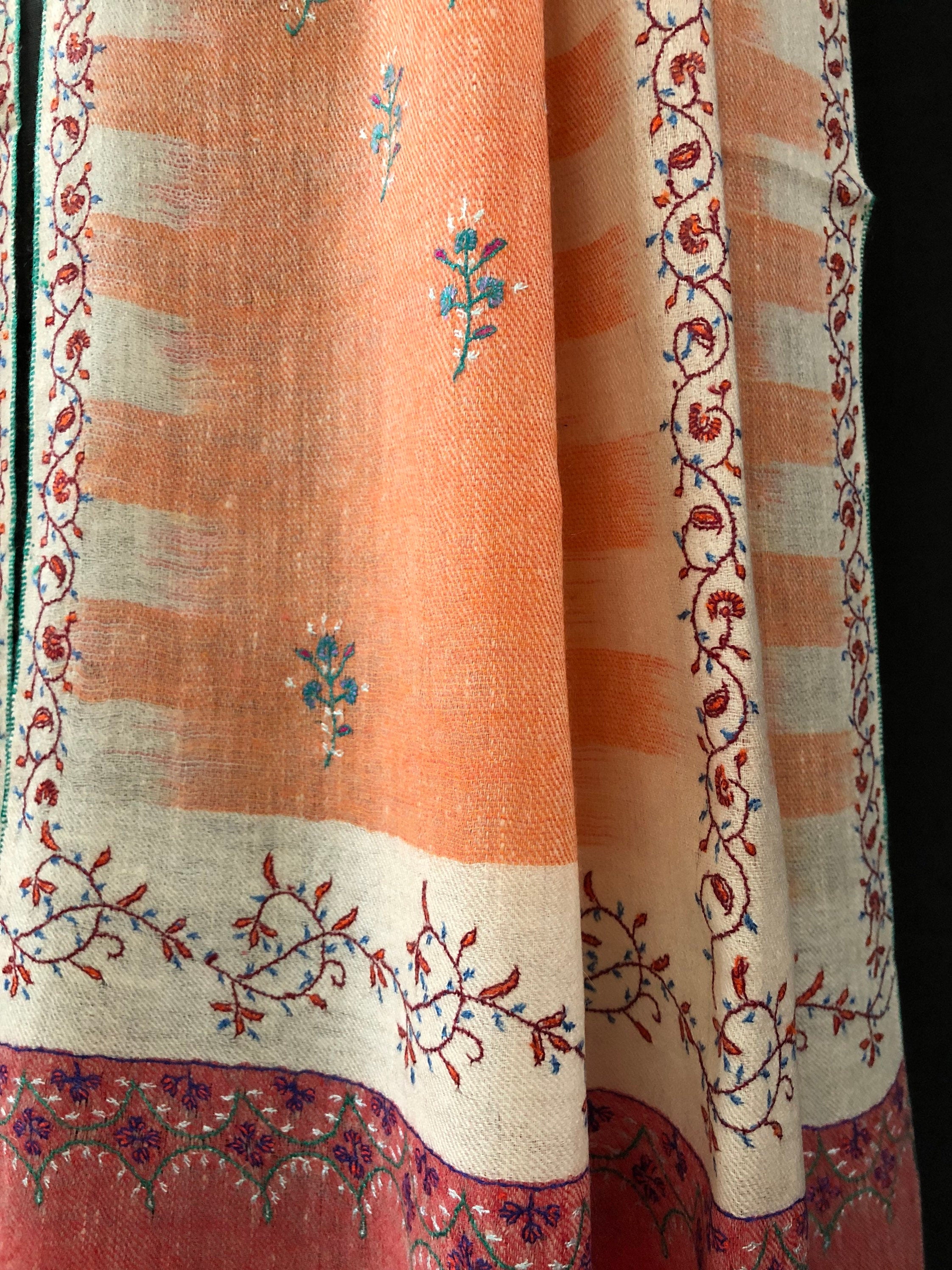 Handmade Real pashmina Papaya punch handwoven ikkat weave pattern real cashmere pashmina stole - Mehraj Crafts 