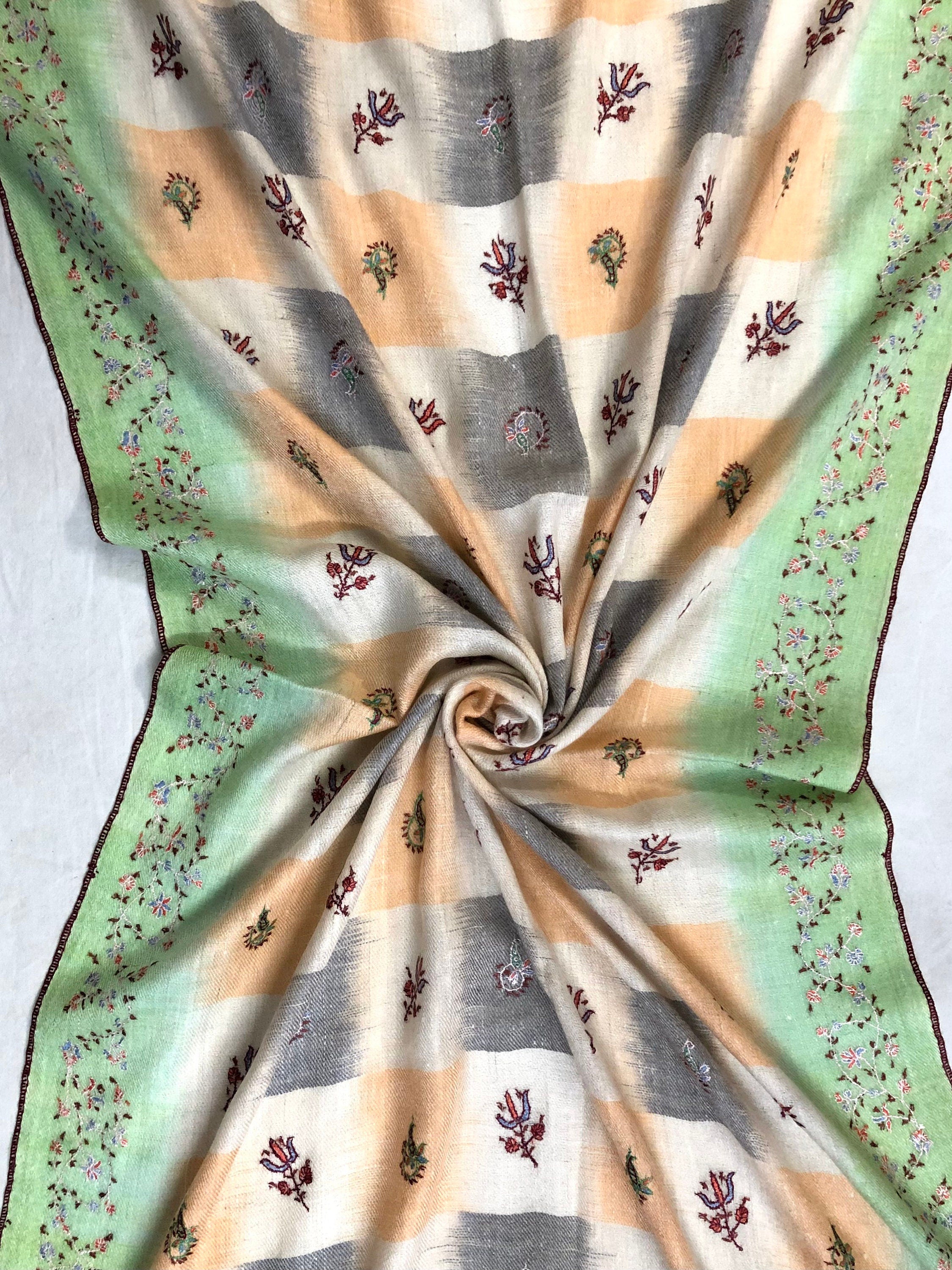 teacher gift Macaw green handwoven ikkat weave pattern sozni embroidered real cashmere pashmina stole scarf shawl - Mehraj Crafts 