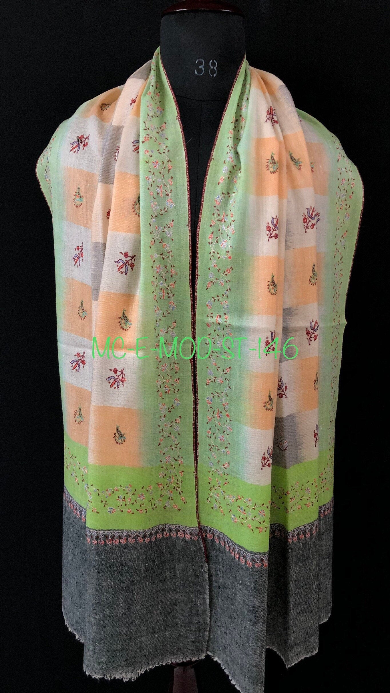 teacher gift Macaw green handwoven ikkat weave pattern sozni embroidered real cashmere pashmina stole scarf shawl - Mehraj Crafts 