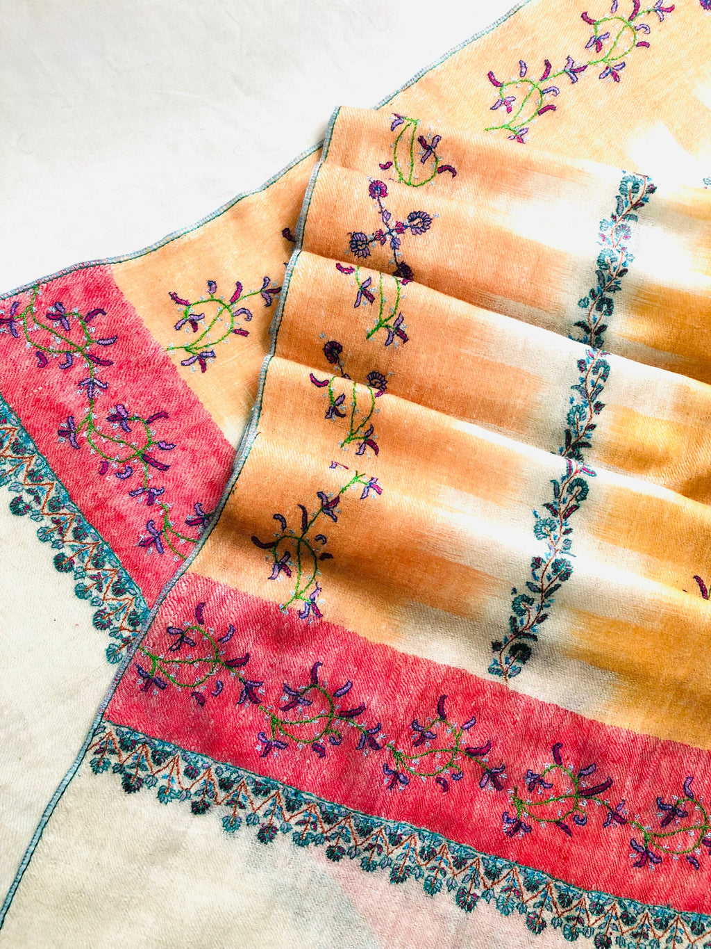 teacher gift Autumn sunset handwoven ikkat weave pattern sozni hand embroidered real cashmere pashmina stole scarf shawl - Mehraj Crafts 