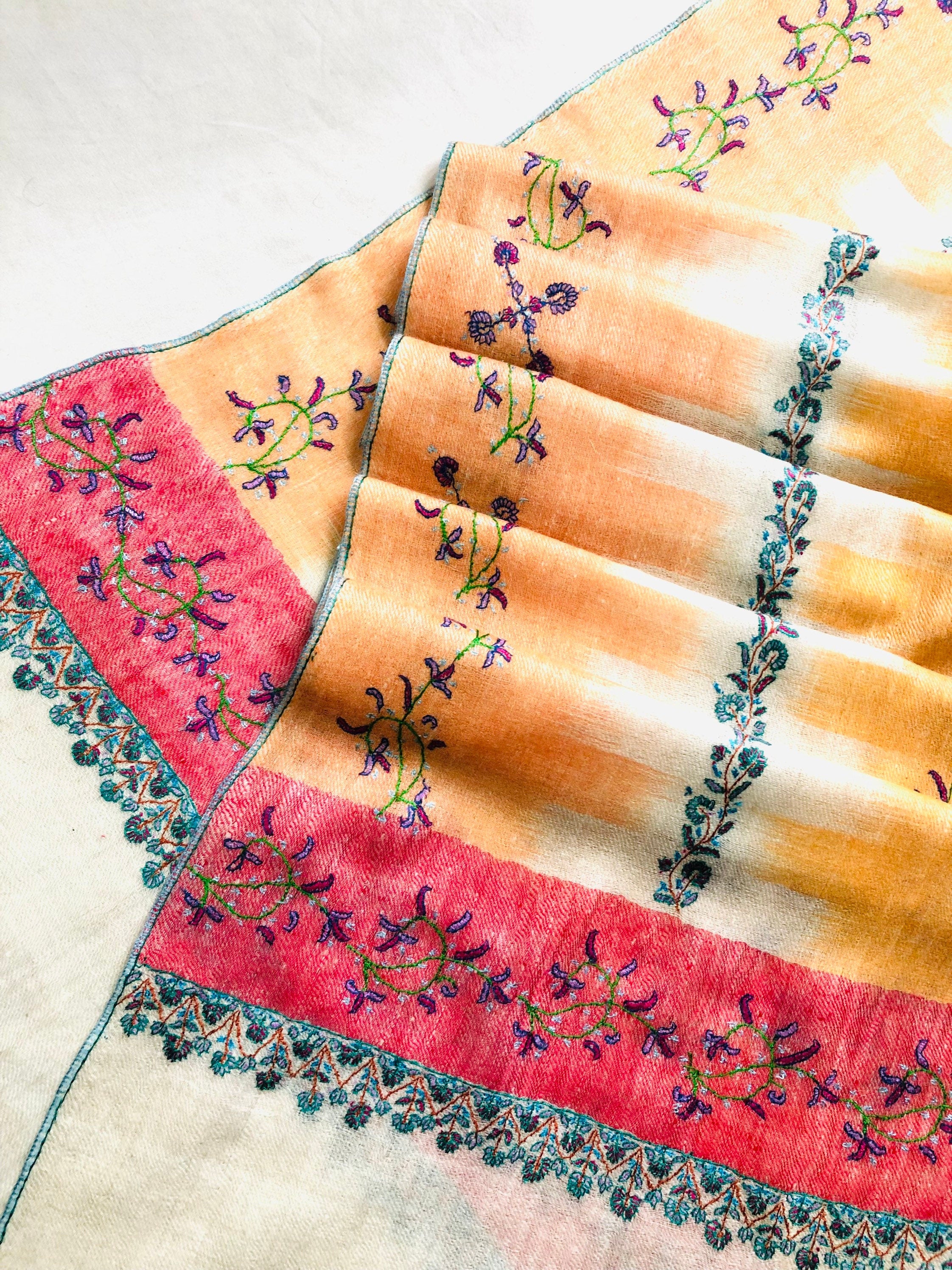 teacher gift Autumn sunset handwoven ikkat weave pattern sozni hand embroidered real cashmere pashmina stole scarf shawl - Mehraj Crafts 