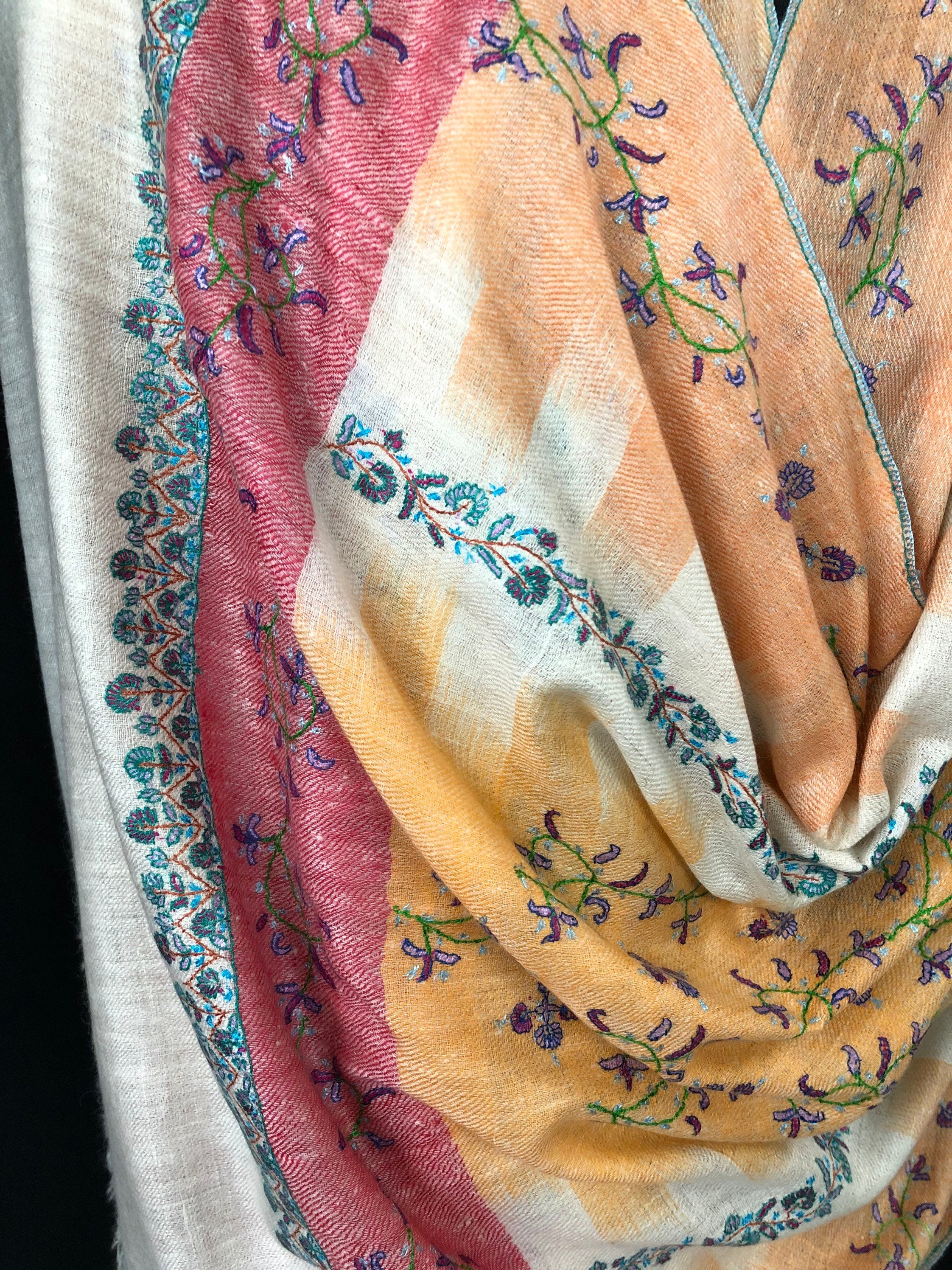 teacher gift Autumn sunset handwoven ikkat weave pattern sozni hand embroidered real cashmere pashmina stole scarf shawl - Mehraj Crafts 