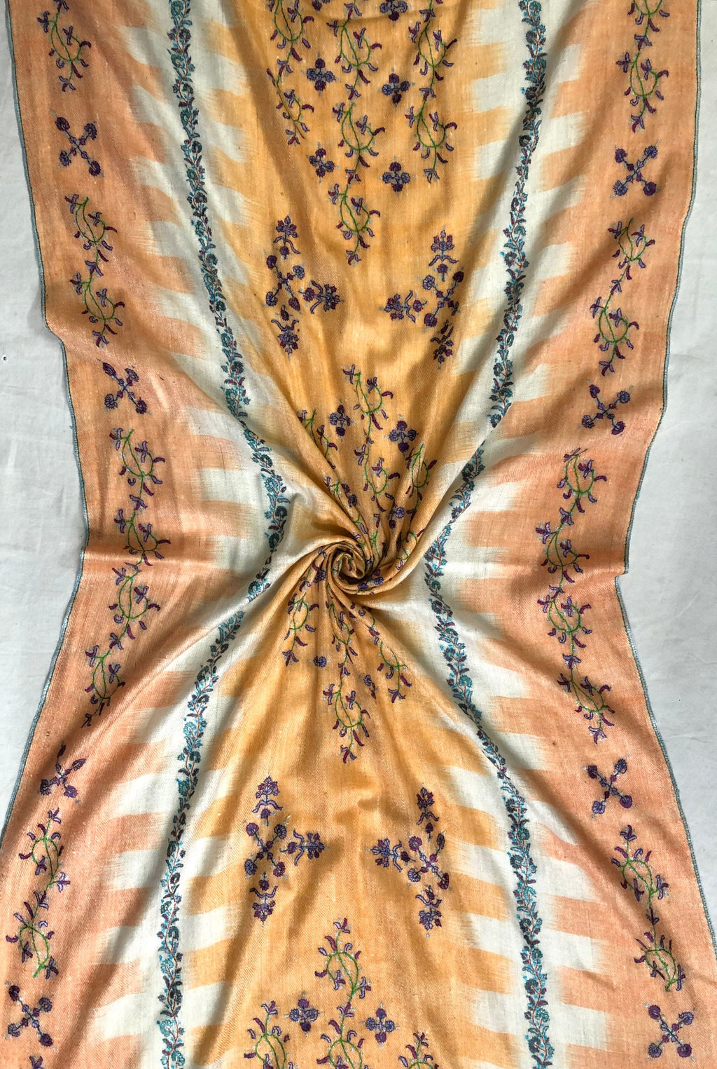 teacher gift Autumn sunset handwoven ikkat weave pattern sozni hand embroidered real cashmere pashmina stole scarf shawl - Mehraj Crafts 