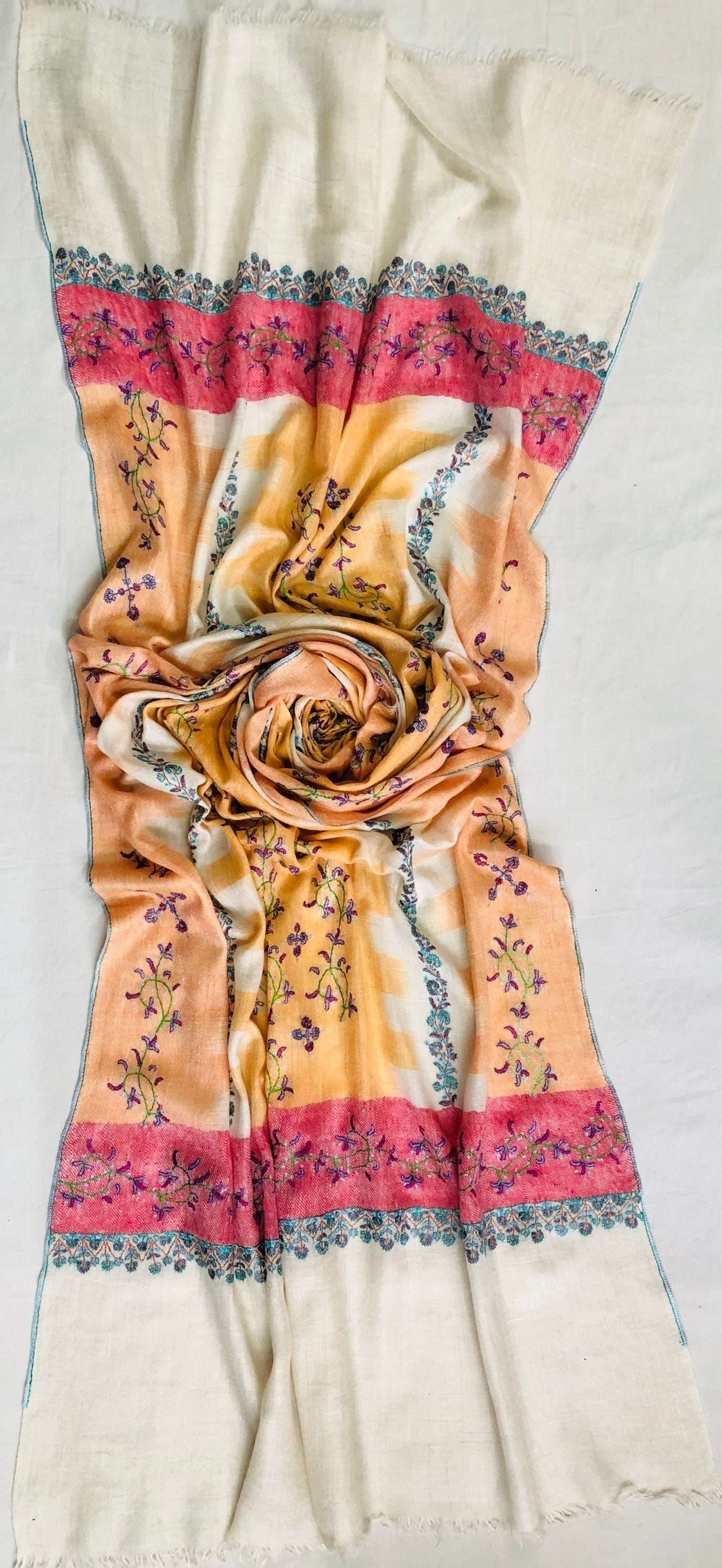 Handwoven Cashmere Pashmina Stole: Ikkat Weave, Sozni Embroidery