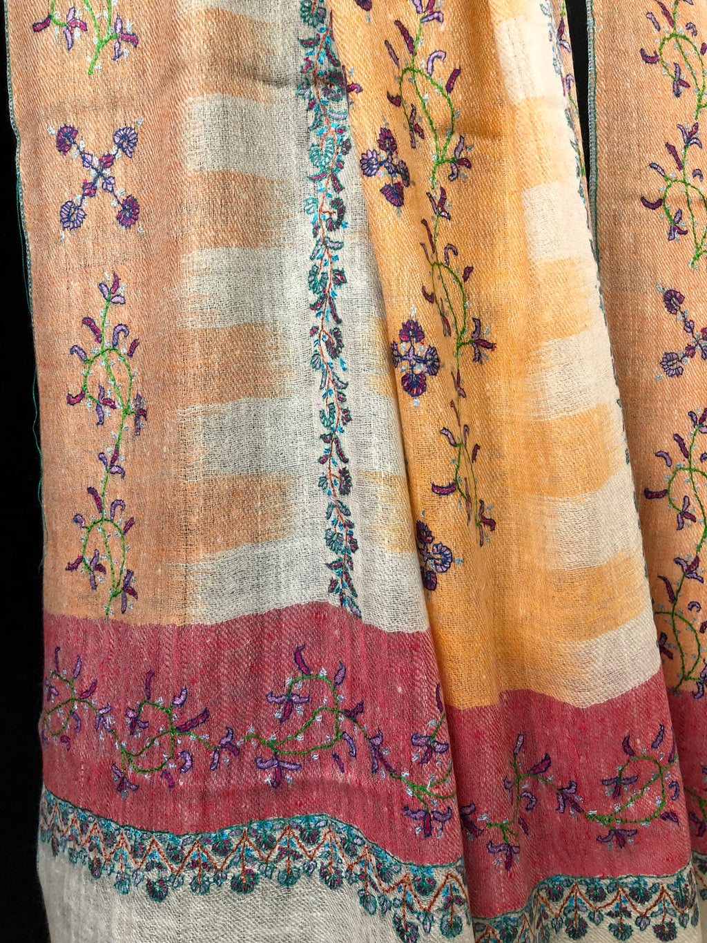 teacher gift Autumn sunset handwoven ikkat weave pattern sozni hand embroidered real cashmere pashmina stole scarf shawl - Mehraj Crafts 
