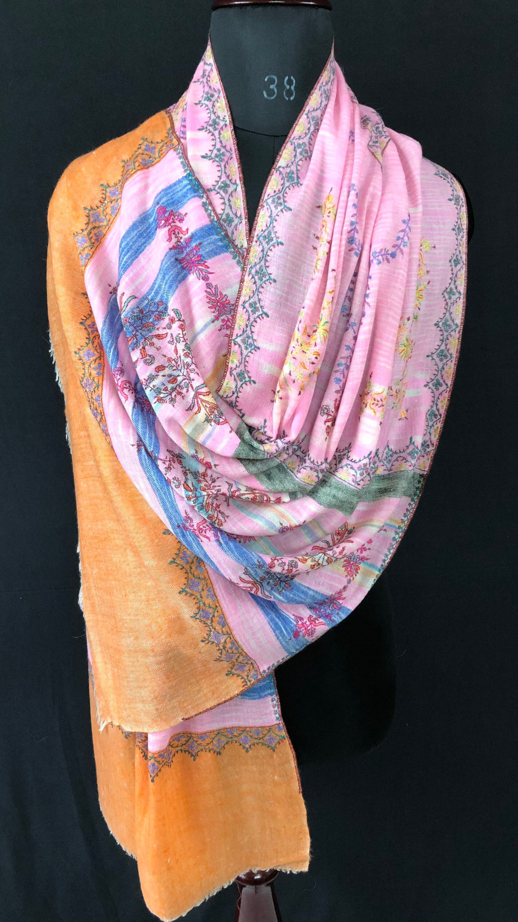 Floral New Year's Eve Rose-bloom handwoven ikkat weave pattern sozni hand embroidered real cashmere pashmina stole scarf shawl - Mehraj Crafts 