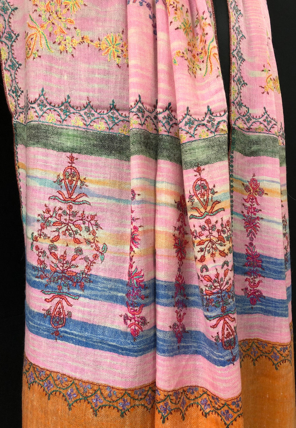 Floral New Year's Eve Rose-bloom handwoven ikkat weave pattern sozni hand embroidered real cashmere pashmina stole scarf shawl - Mehraj Crafts 