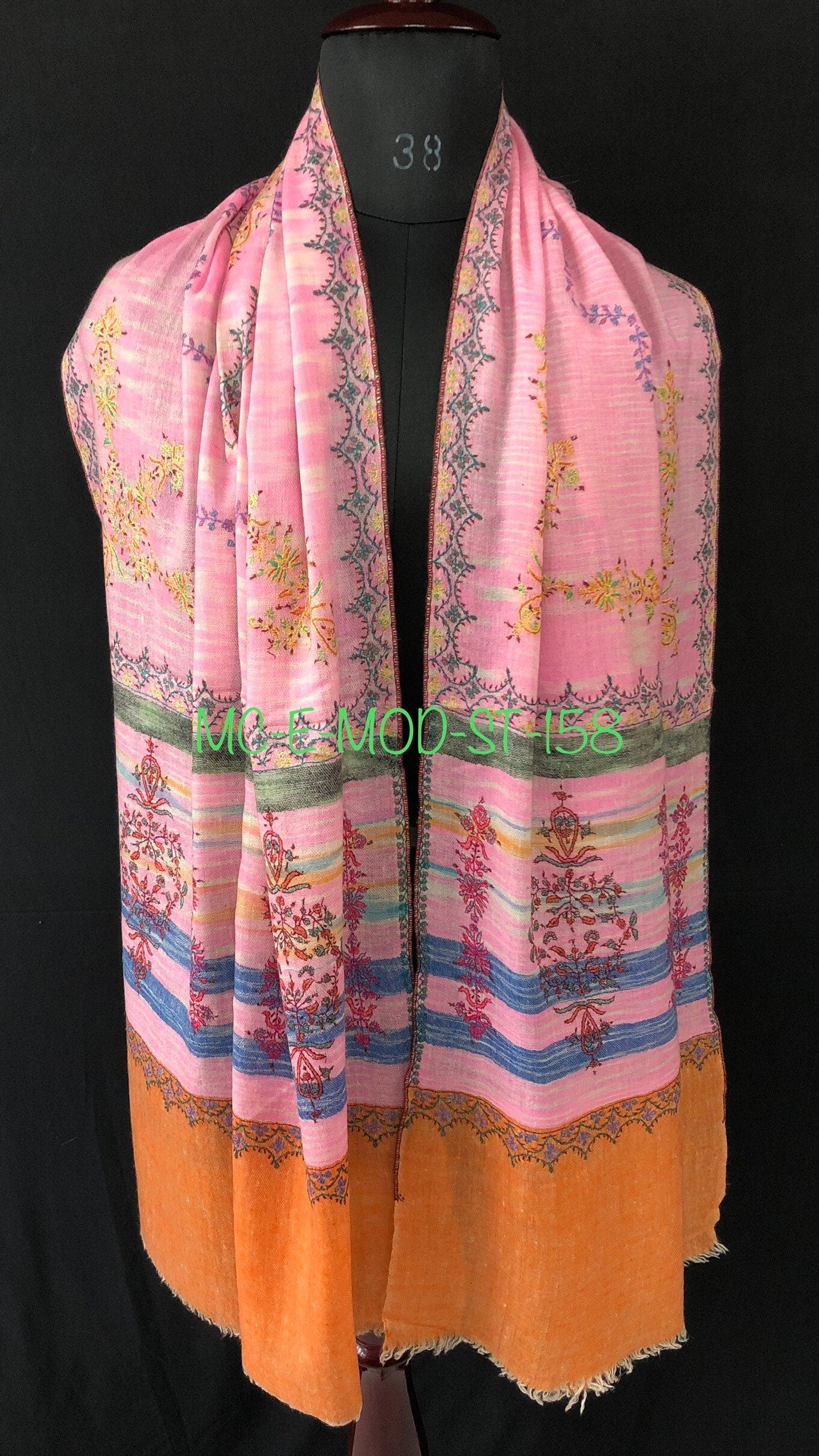 Floral New Year's Eve Rose-bloom handwoven ikkat weave pattern sozni hand embroidered real cashmere pashmina stole scarf shawl - Mehraj Crafts 