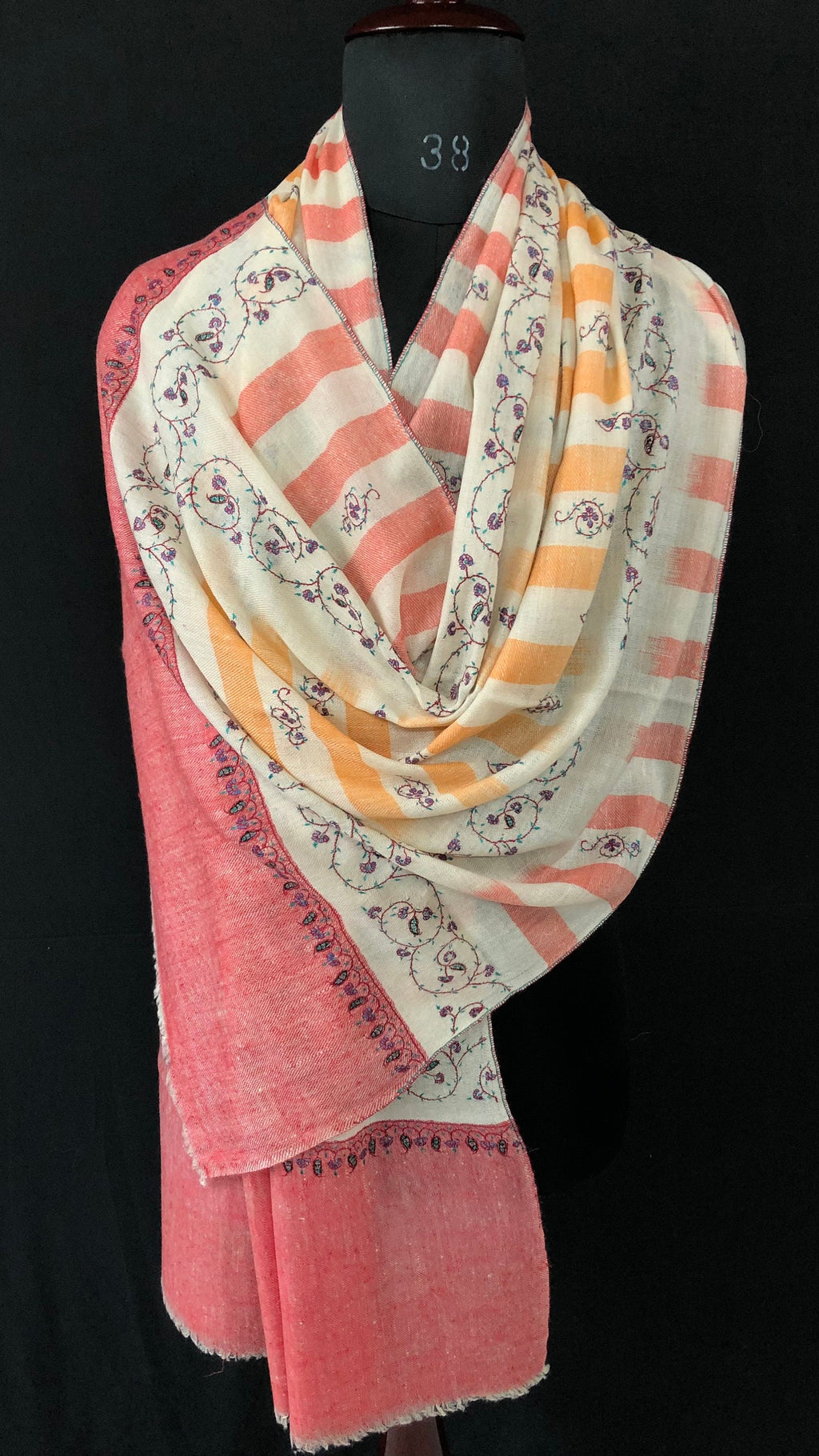 Handwoven Cashmere Pashmina Stole: Ikkat Weave, Sozni Embroidery