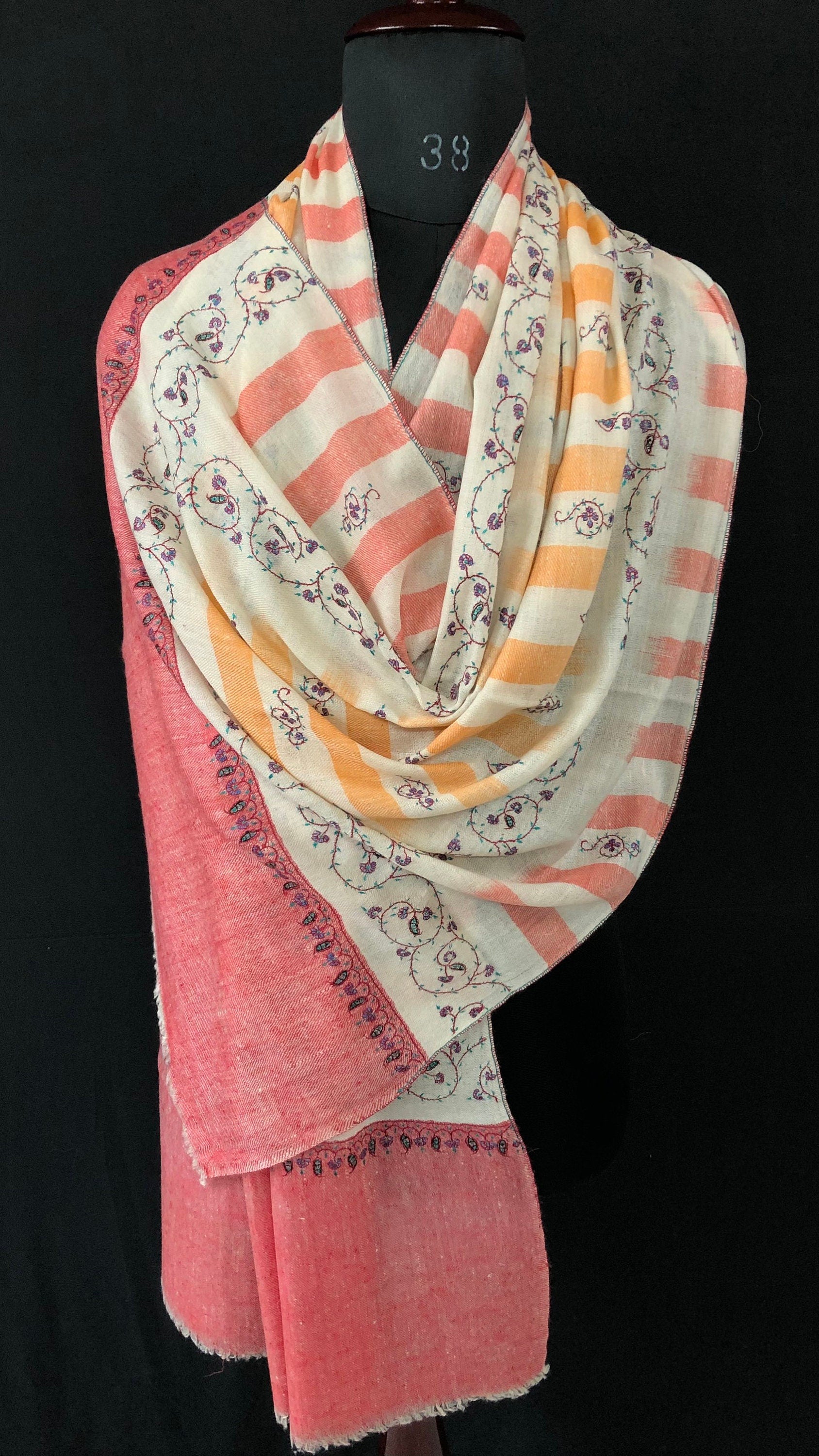 Handwoven Cashmere Pashmina Stole: Ikkat Weave, Sozni Embroidery