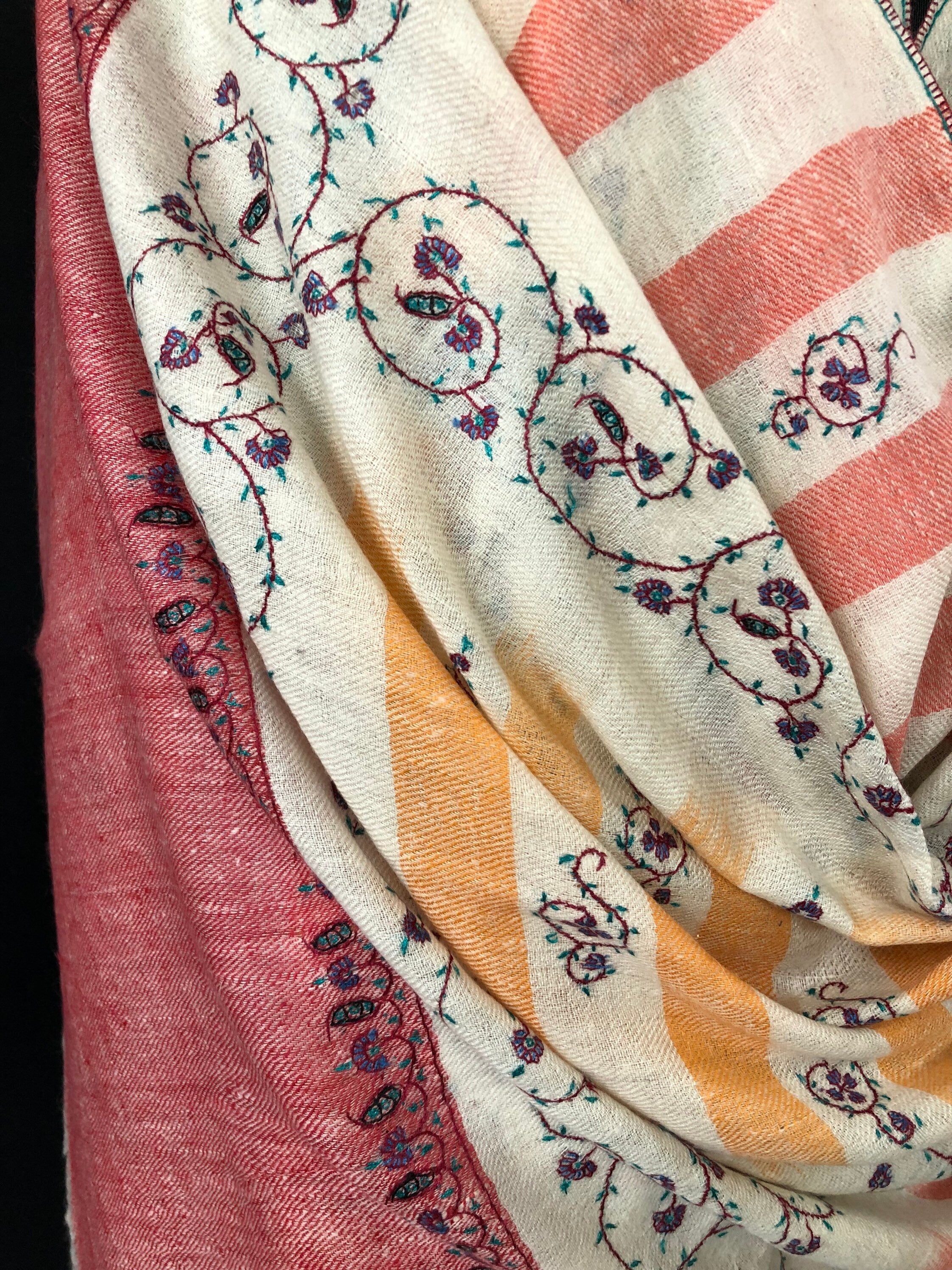 New Year's Eve Yea rose handwoven ikkat weave pattern sozni hand embroidered real cashmere pashmina stole scarf shawl - Mehraj Crafts 